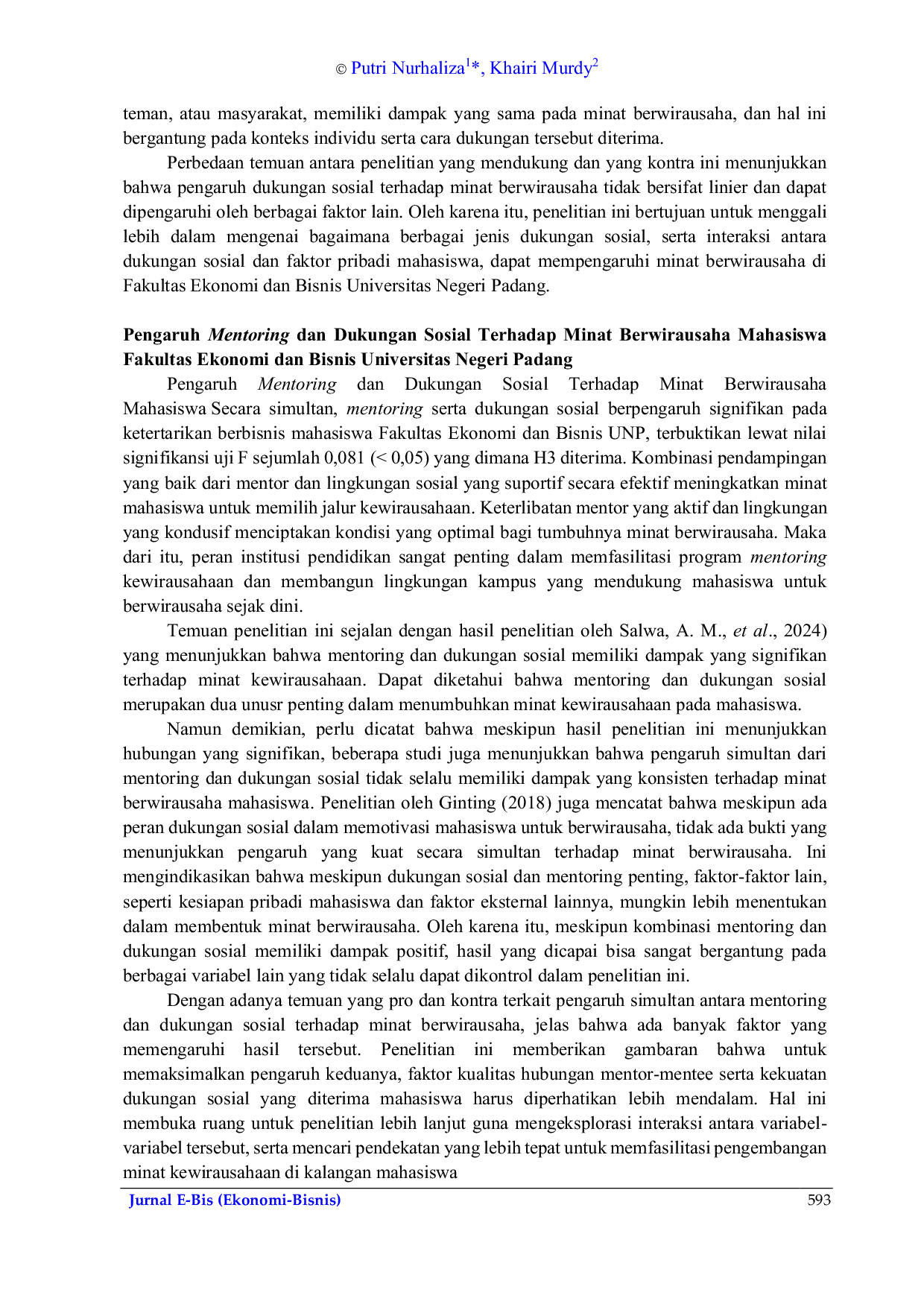 JURIS Mentoring dan Dukungan Sosial Terhadap Minat Berwirausaha Mahasiswa Fakultas Ekonomi dan Bisnis Universitas Negeri Padang