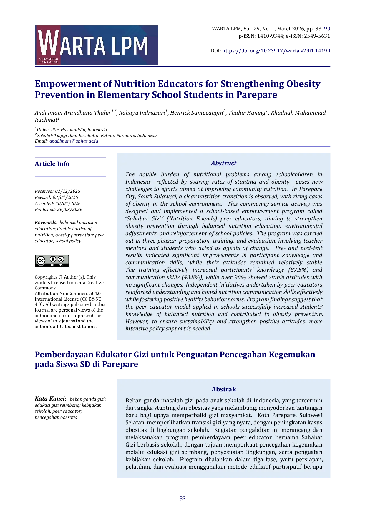 JURIS Empowerment of Nutrition Educators for Strengthening Obesity Prevention in Elementary School Students in Parepare