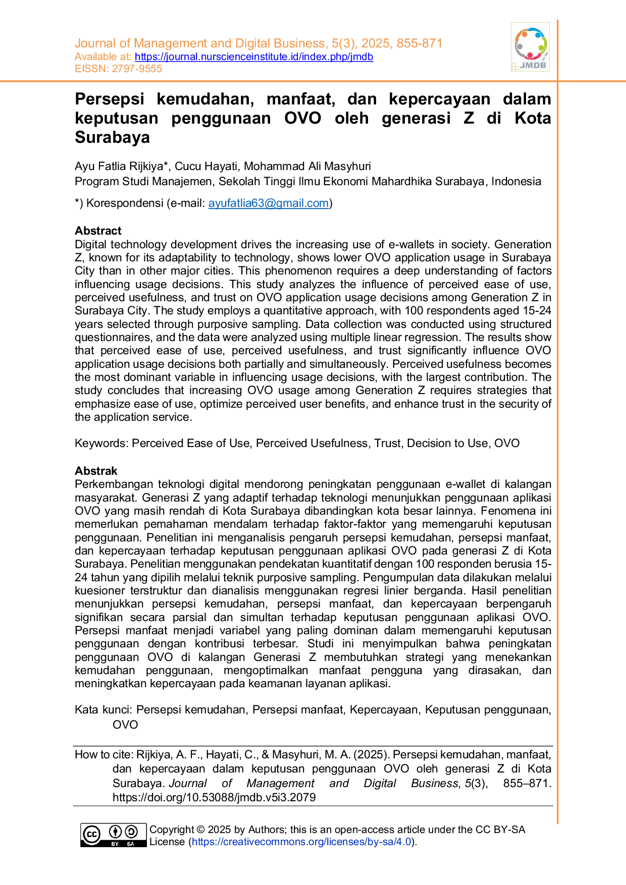 JURIS Persepsi kemudahan manfaat dan kepercayaan dalam keputusan penggunaan OVO oleh generasi Z di Kota Surabaya