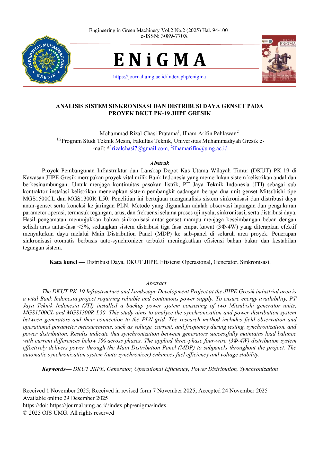 JURIS The ANALISIS SISTEM SINKRONISASI DAN DISTRIBUSI DAYA GENSET PADA PROYEK DKUT PK 19 JIIPE GRESIK Universitas Muhammadiyah Gresik