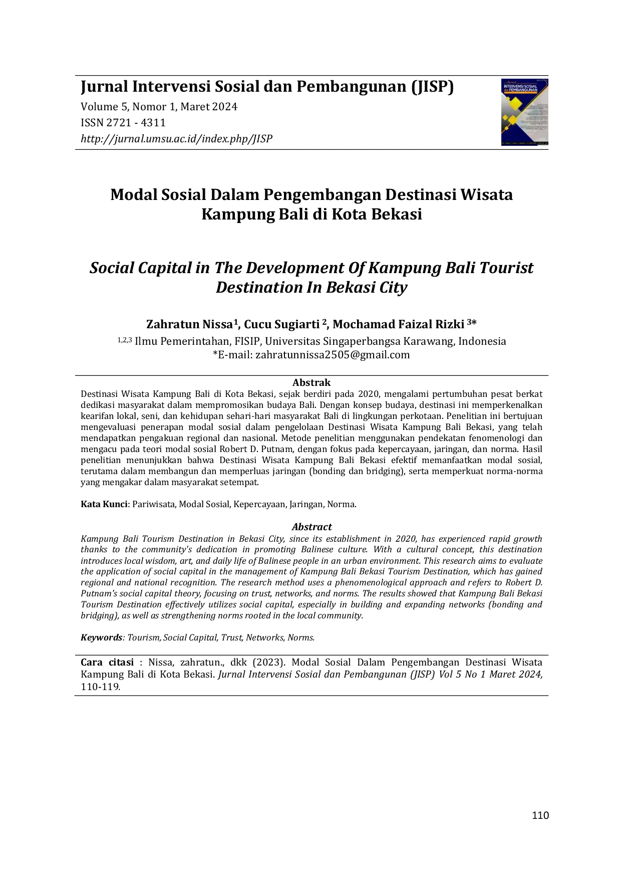 JURIS Modal Sosial Dalam Pengembangan Destinasi Wisata Kampung Bali di Kota Bekasi