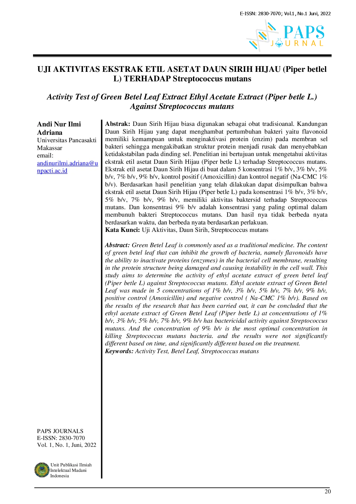 juris UJI AKTIVITAS EKSTRAK ETIL ASETAT DAUN SIRIH HIJAU Piper betlel L TERHADAP Streptococcus mutans