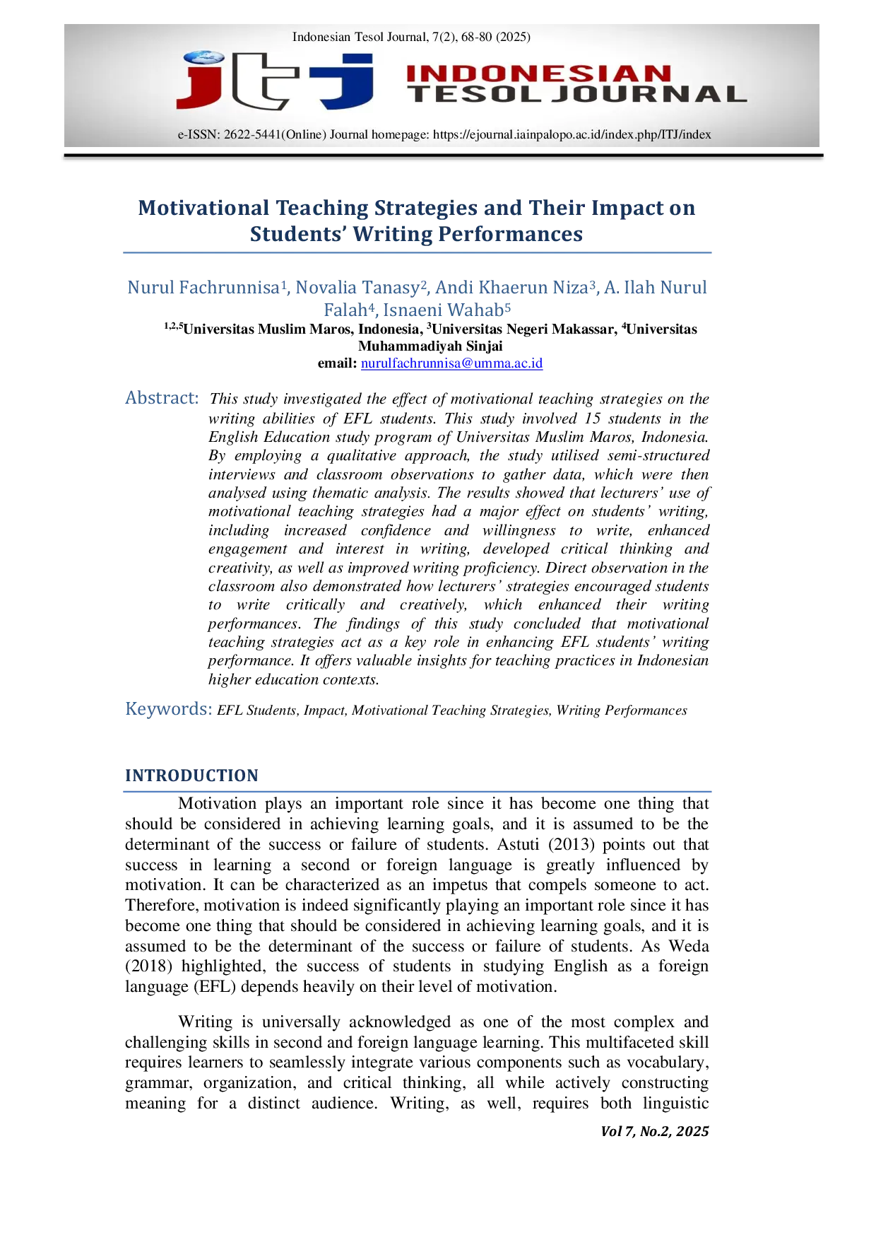 JURIS Motivational Teaching Strategies and Their Impact on Students Writing Performances