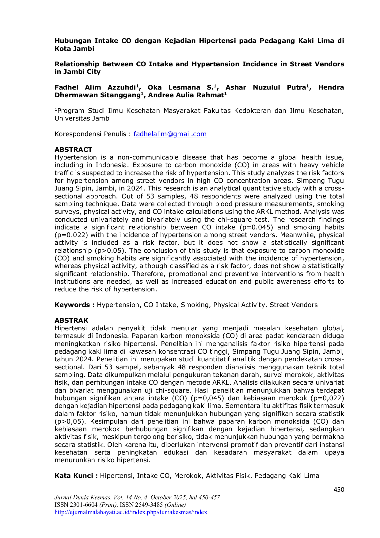JURIS Hubungan Intake CO dengan Kejadian Hipertensi pada Pedagang Kaki Lima di Kota Jambi