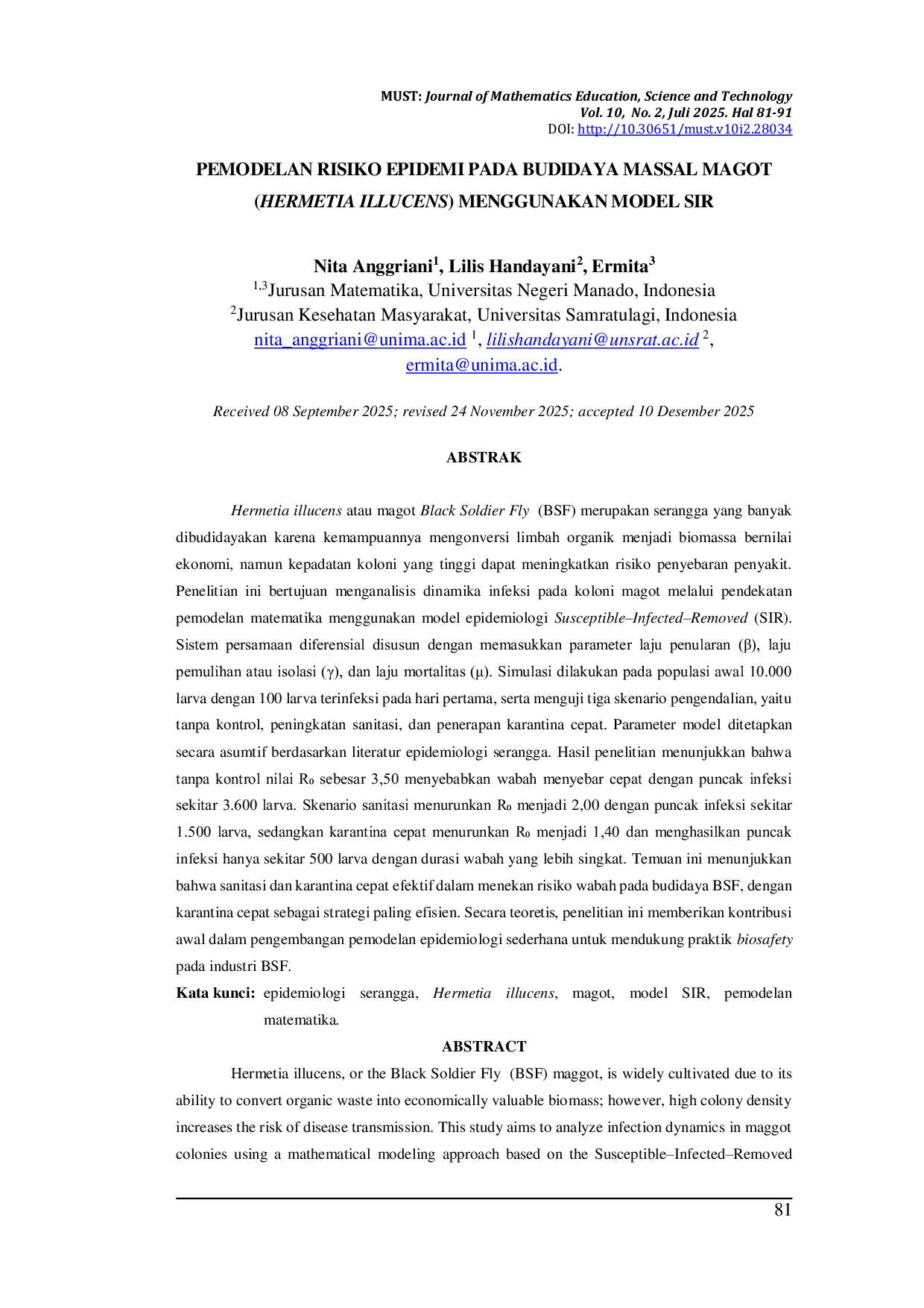 JURIS Pemodelan Risiko Epidemi Pada Budidaya Massal Magot Hermetia Illucens Menggunakan Model Sir
