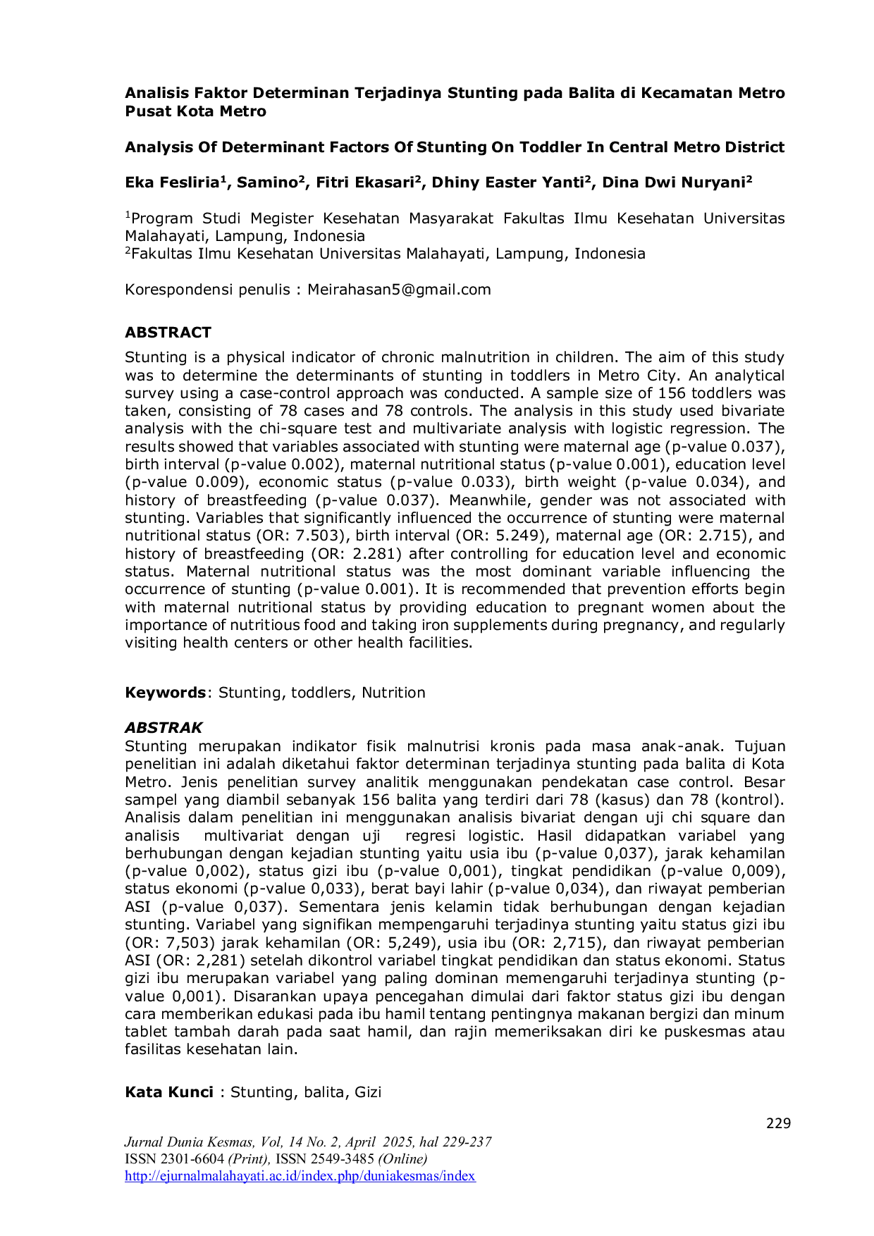JURIS Analisis Faktor Determinan Terjadinya Stunting pada Balita di Kecamatan Metro Pusat Kota Metro