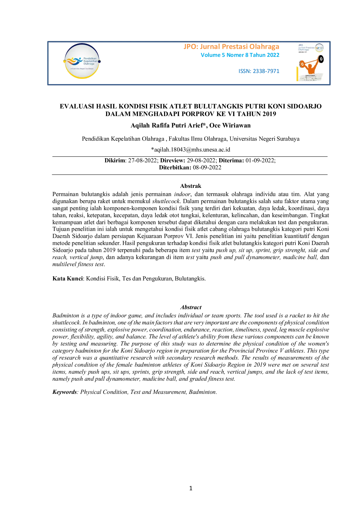 JURIS Evaluasi Hasil Kondisi Fisik Atlet Bulutangkis Kategori Putri Kota Sidoarjo Dalam Menghadapi Porprov ke VI Tahun 2019