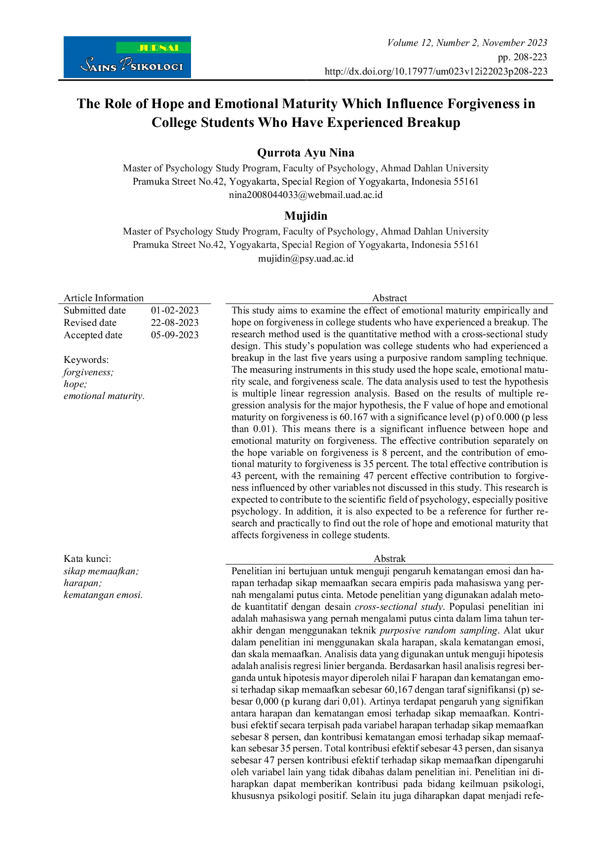JURIS The Role of Hope and Emotional Maturity Which Influence Forgiveness in College Students Who Have Experienced Breakup
