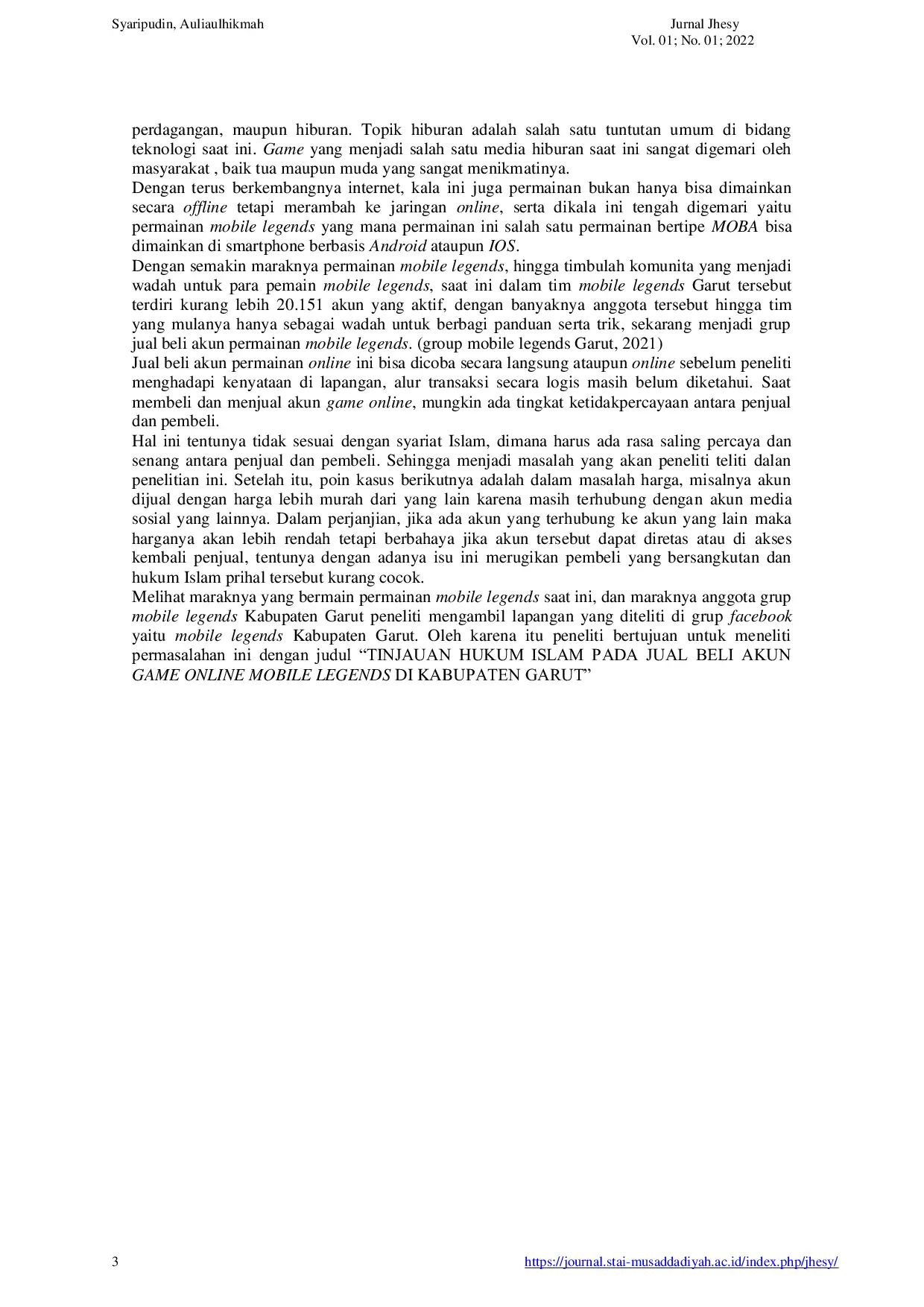 JURIS Tinjauan Hukum Islam Pada Jual Beli Akun Game Online Mobile Legends Di Kabupaten Garut