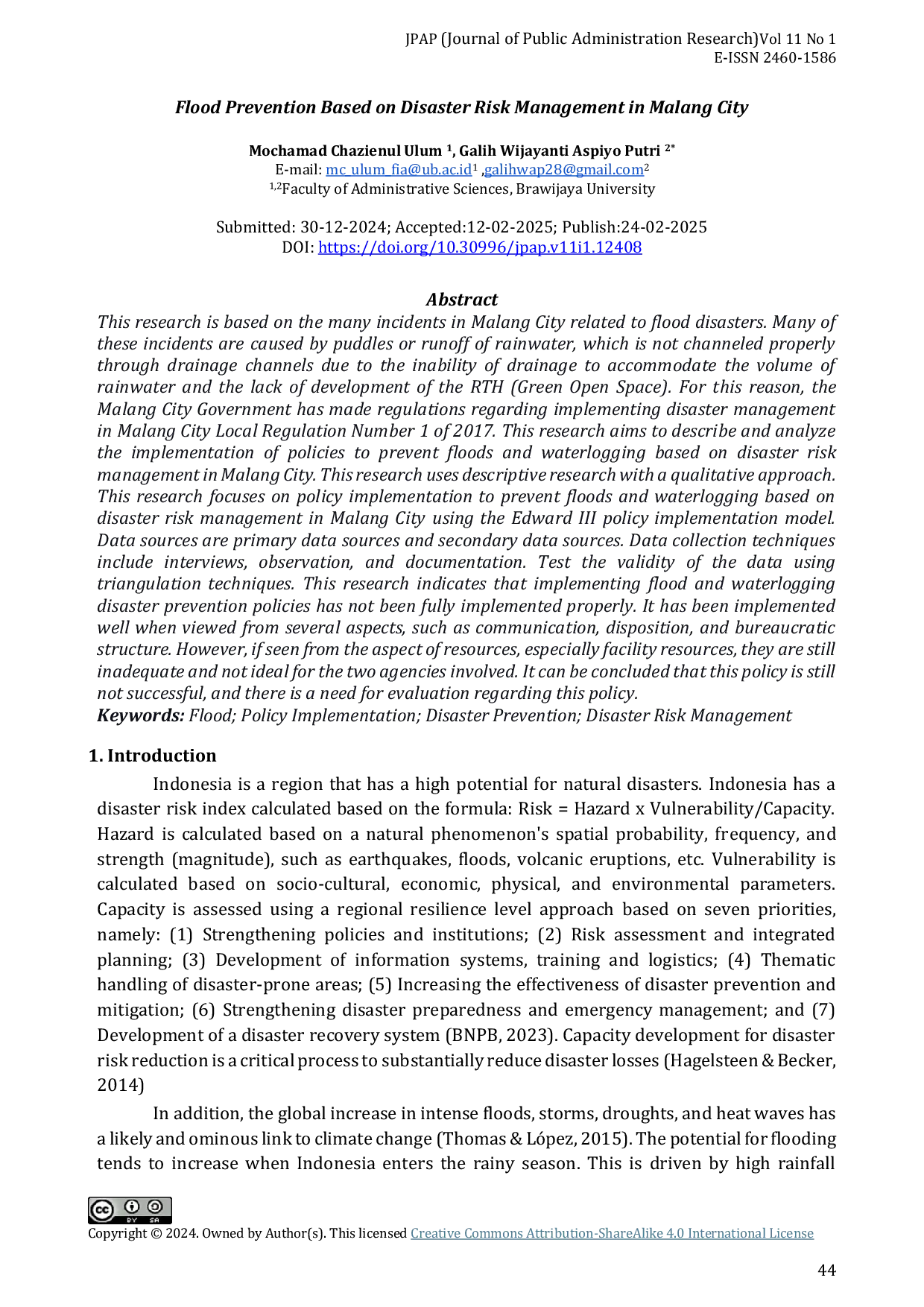 JURIS Pencegahan Banjir Berbasis Manajemen Risiko Bencana di Kota Malang