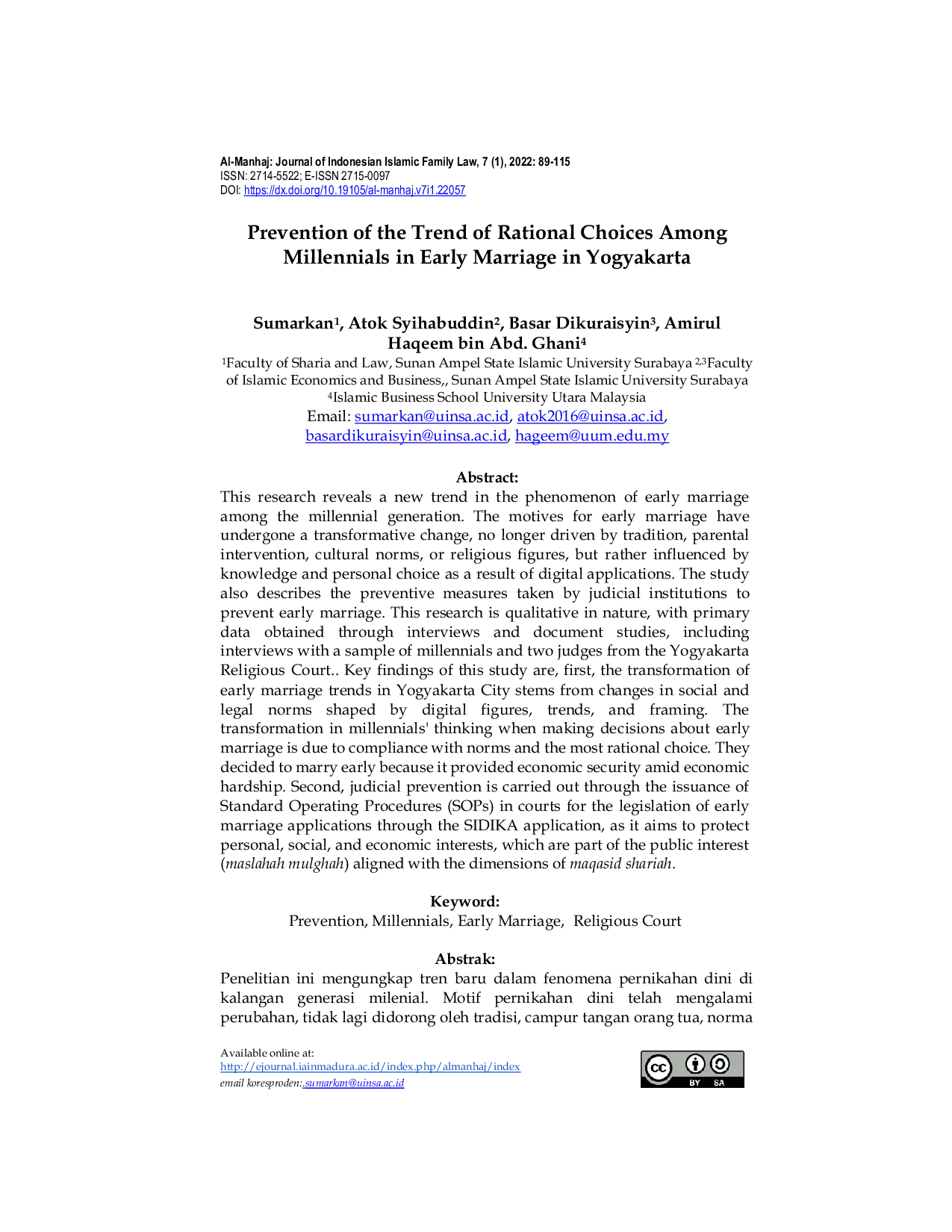 JURIS Prevention of the Trend of Rational Choices Among Millennials in Early Marriage in Yogyakarta