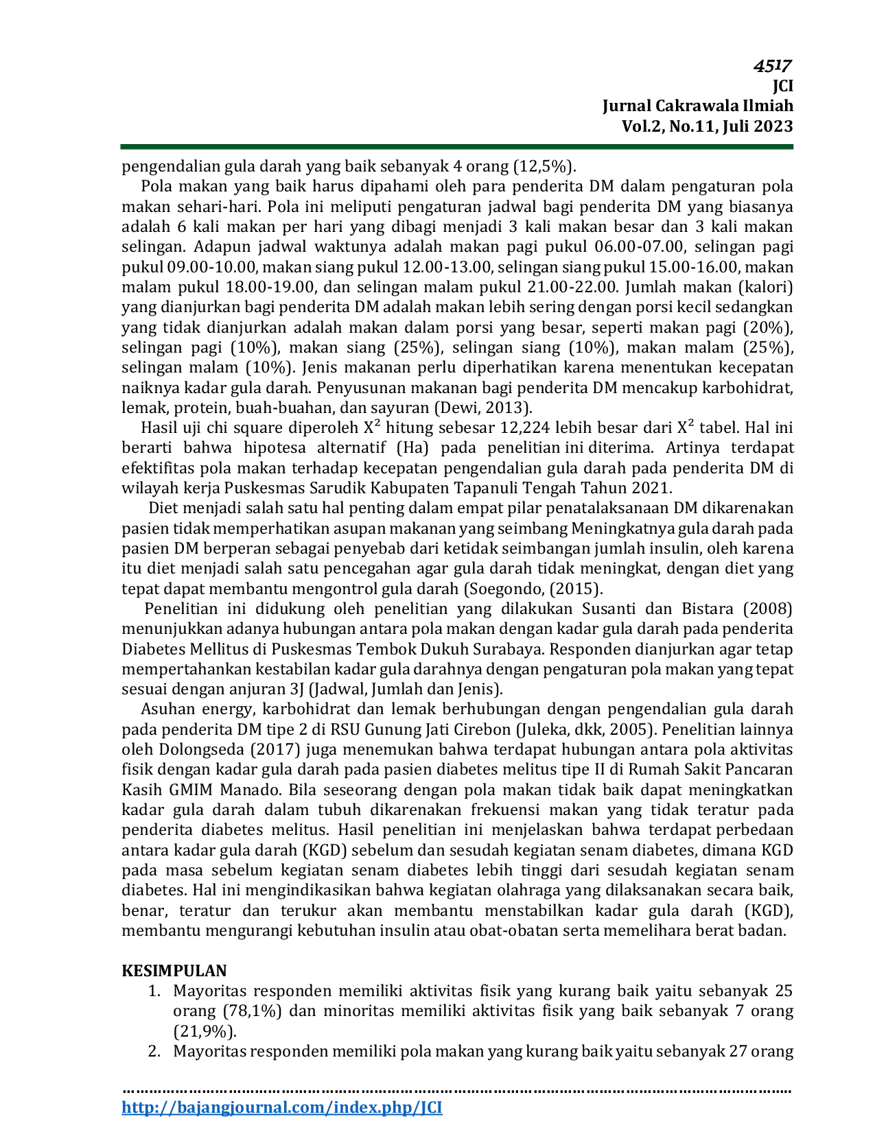 JURIS Efektivitas Aktivitas Fisik dan Pola Makan Terhadap Kecepatan Pengendalian Kadar Gula Darah pada Penderita Diabetes Melitus di Wilayah Kerja Puskesmas Sarudik Kabupaten Tapanuli Tengah
