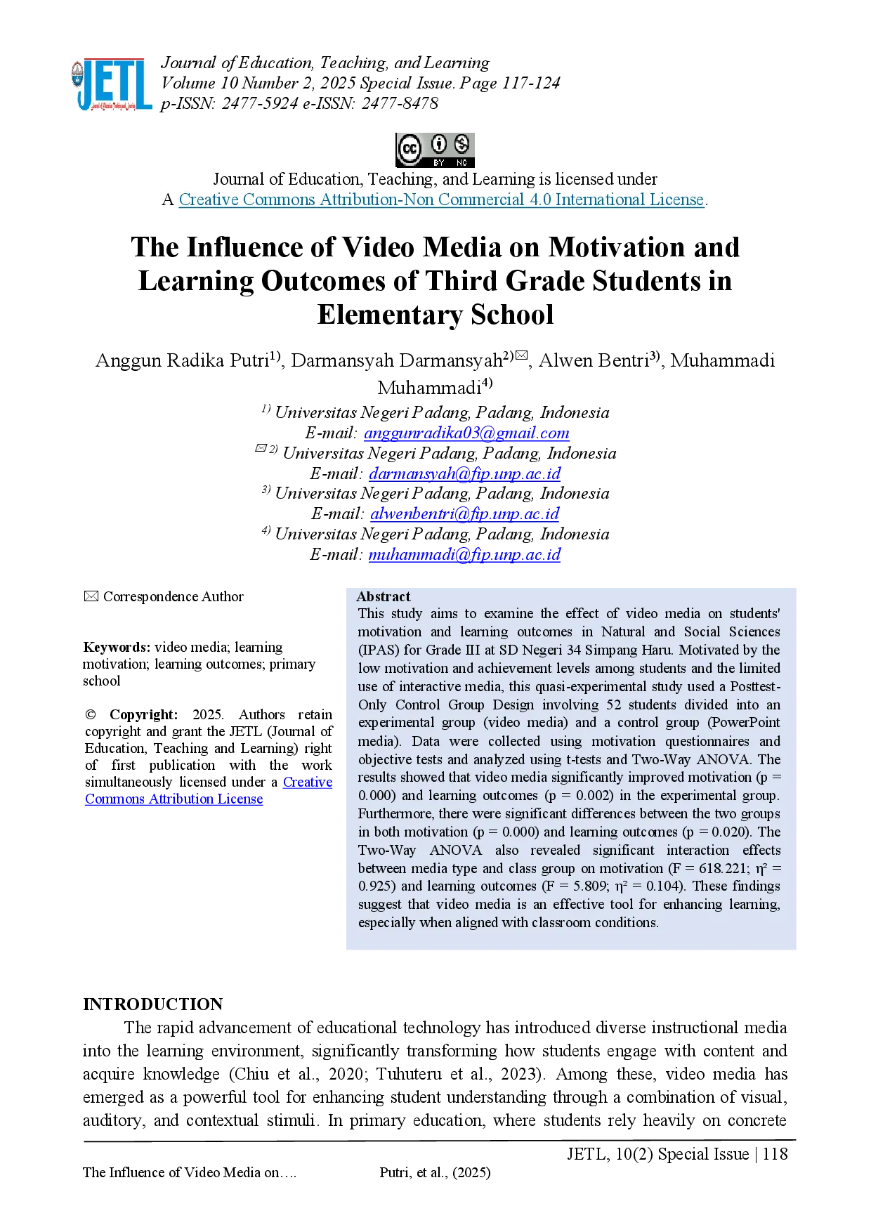 juris The Influence of Video Media on Motivation and Learning Outcomes of Third Grade Students in Elementary School