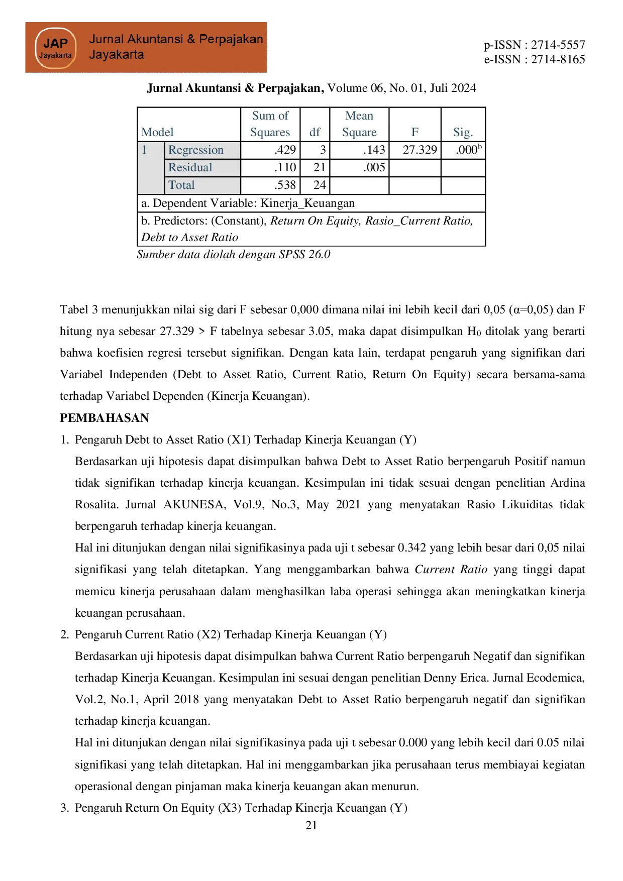 JURIS Analisis Pengaruh Dar Debt To Asset Ratio Cr Current Ratio Dan Roe Return On Equity Terhadap Kinerja Keuangan Pada Perusahaan Paling Terpercaya Menurut Cgpi 2022