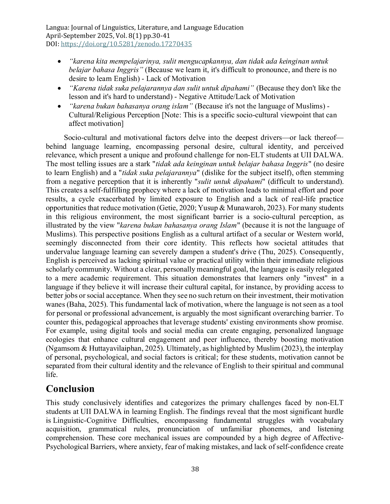 JURIS Beyond the classroom a phenomenological inquiry into the challenges of English language learning for non ELT students at UII DALWA