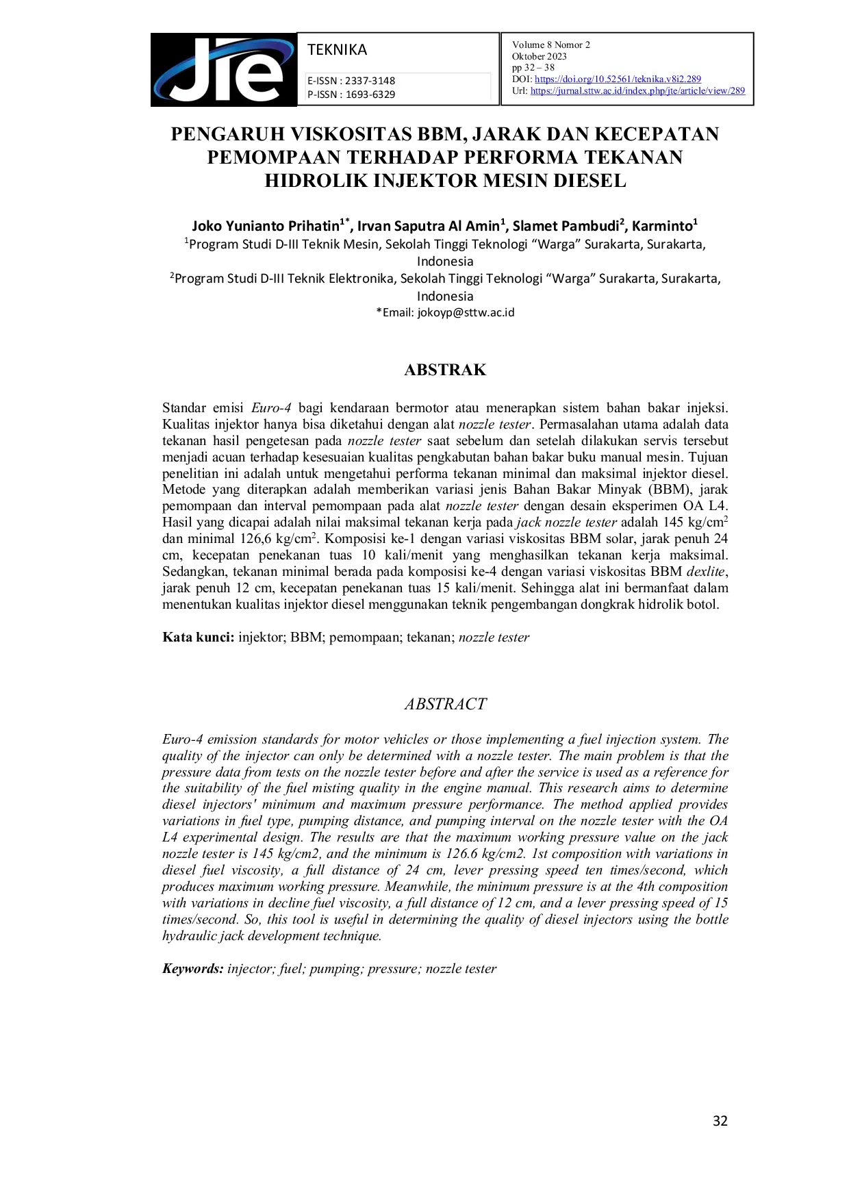 JURIS Pengaruh Viskositas Bbm Jarak Dan Kecepatan Pemompaan Terhadap Performa Tekanan Injector Mesin Diesel