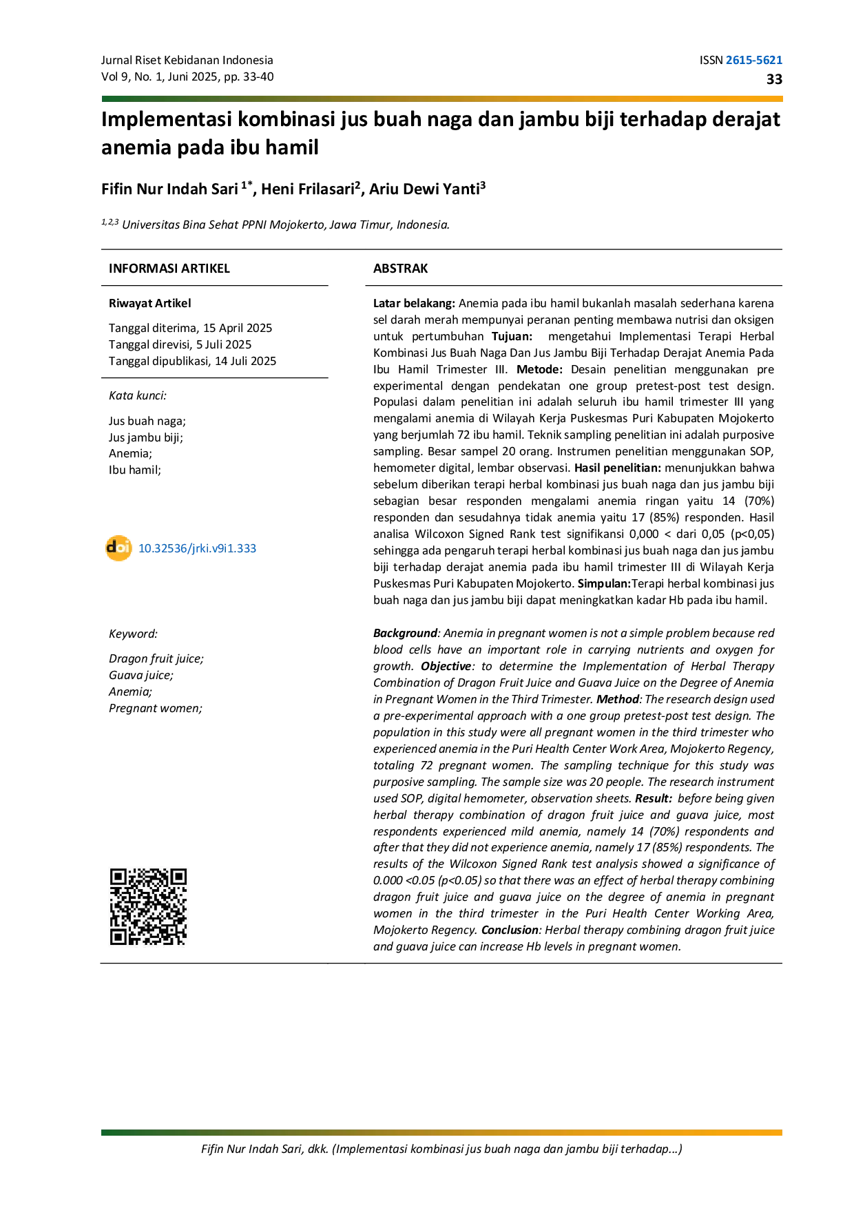 JURIS Implementasi kombinasi jus buah naga dan jambu biji terhadap derajat anemia pada ibu hamil