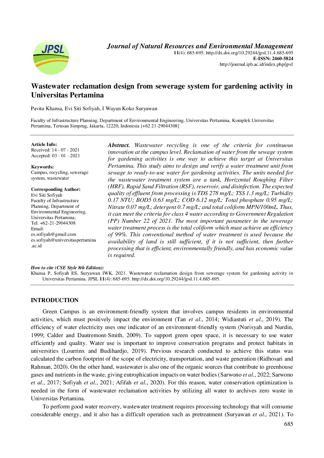 juris Desain reklamasi air limbah dari sewerage system untuk kegiatan berkebun di Universitas Pertamina