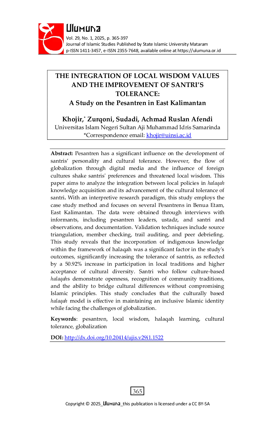 JURIS The Integration of Local Wisdom Values and the Improvement of Santri s Tolerance A Study on the Pesantren in East Kalimantan