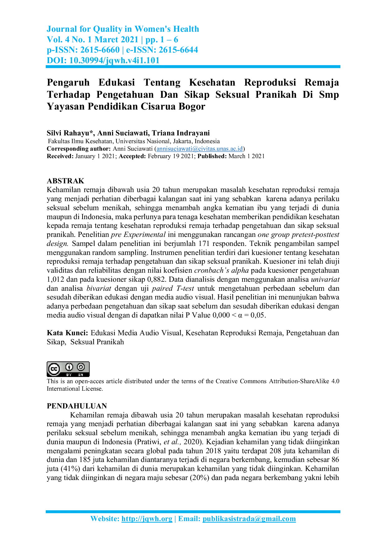 JURIS Pengaruh Edukasi Tentang Kesehatan Reproduksi Remaja Terhadap Pengetahuan Dan Sikap Seksual Pranikah Di Smp Yayasan Pendidikan Cisarua Bogor