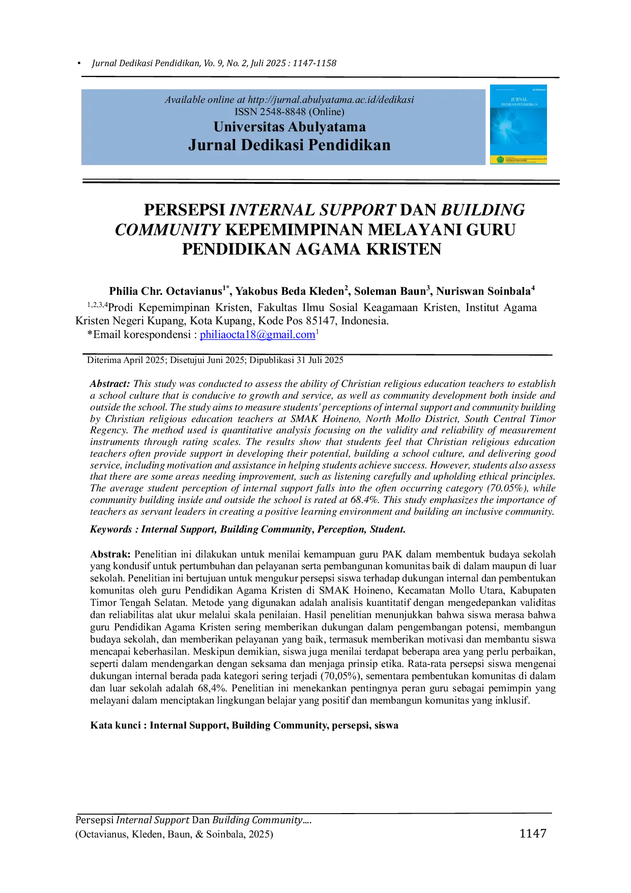 JURIS Persepsi Internal Support Dan Building Community Kepemimpinan Melayani Guru Pendidikan Agama Kristen