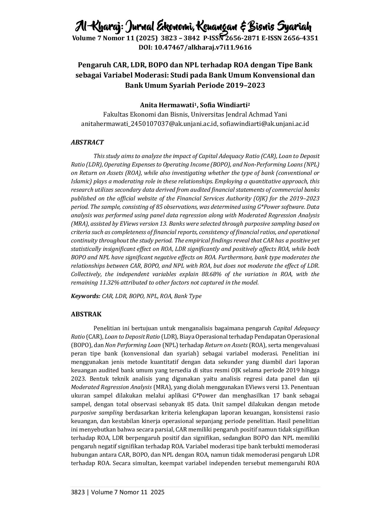 juris Pengaruh CAR LDR BOPO dan NPL terhadap ROA dengan Tipe Bank sebagai Variabel Moderasi Studi pada Bank Umum Konvensional dan Bank Umum Syariah Periode 2019 2023