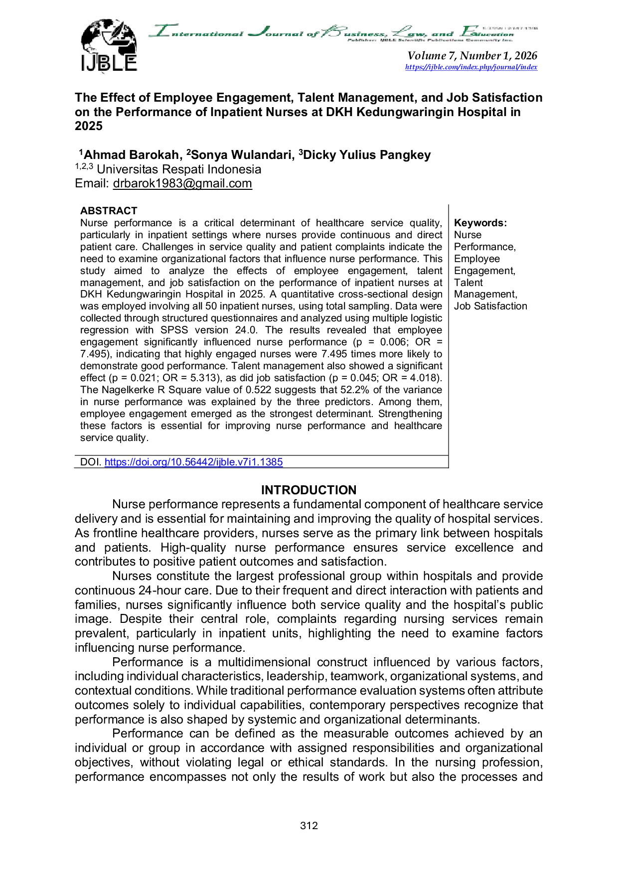 JURIS The Effect of Employee Engagement Talent Management and Job Satisfaction on the Performance of Inpatient Nurses at DKH Kedungwaringin Hospital in 2025
