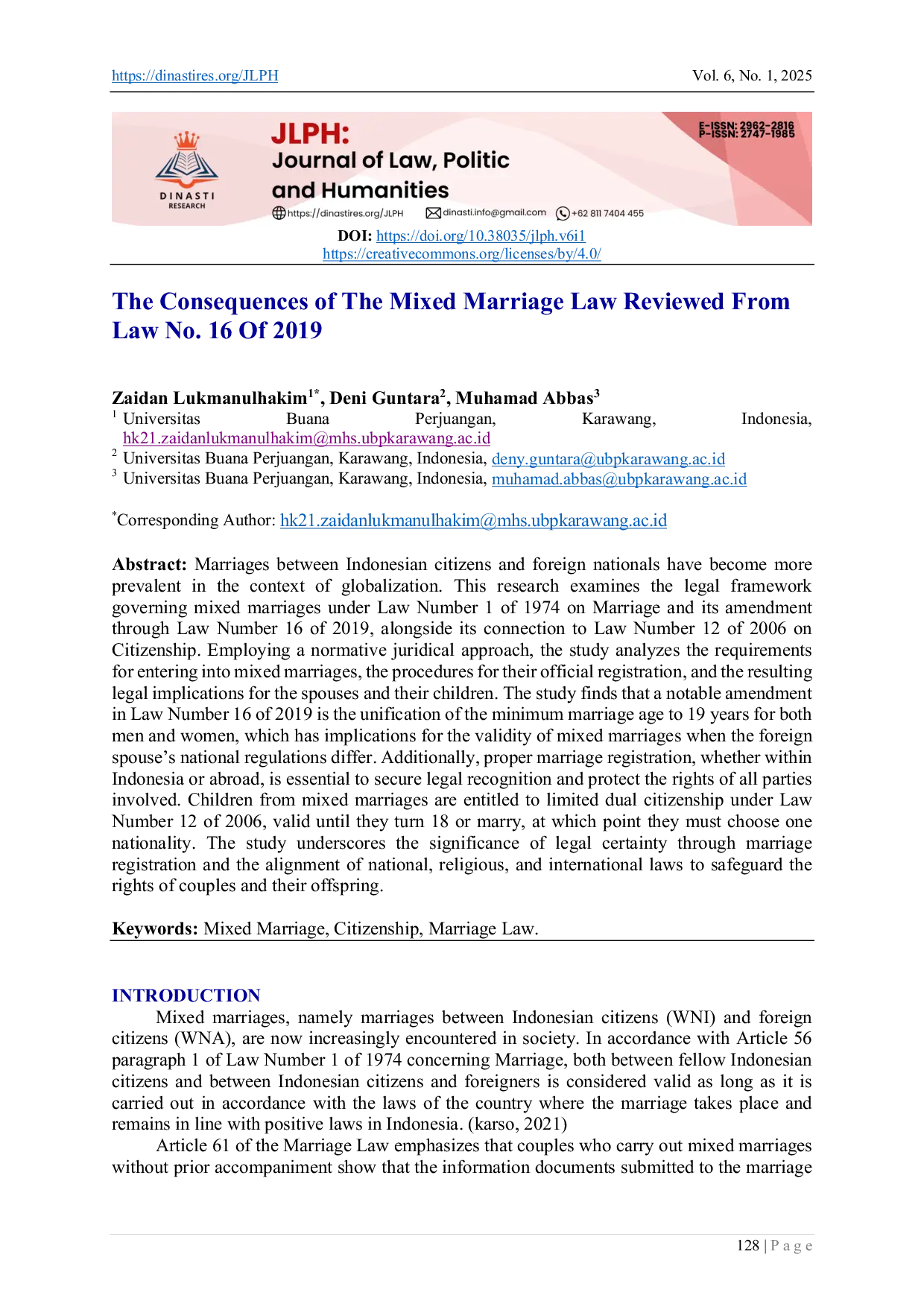JURIS The Consequences of the Mixed Marriage Law Reviewed from Law No 16 of 2019
