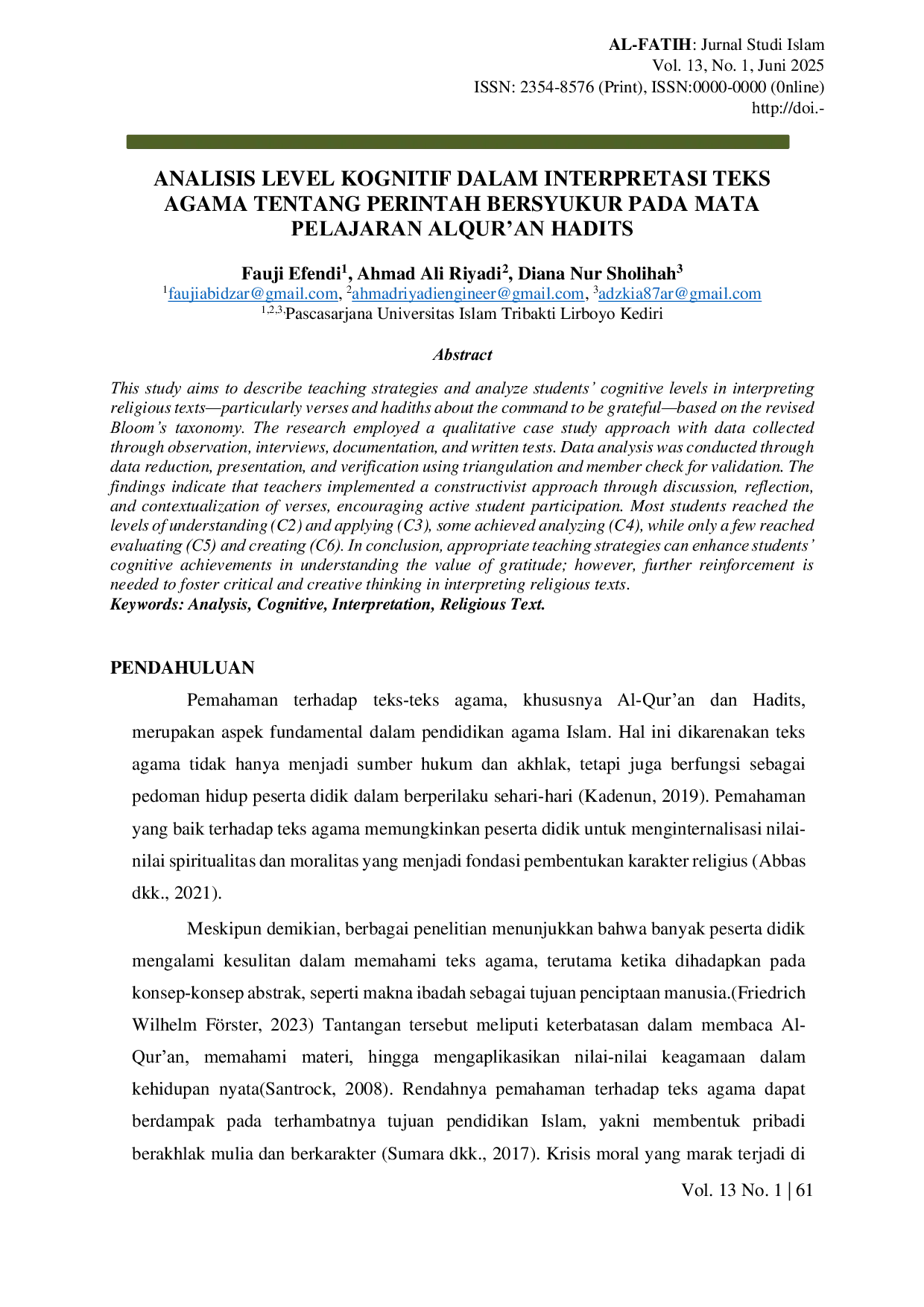 JURIS Analisis Level Kognitif Dalam Interpretasi Teks Agama Tentang Perintah Bersyukur Pada Mata Pelajaran Alqur an Hadits