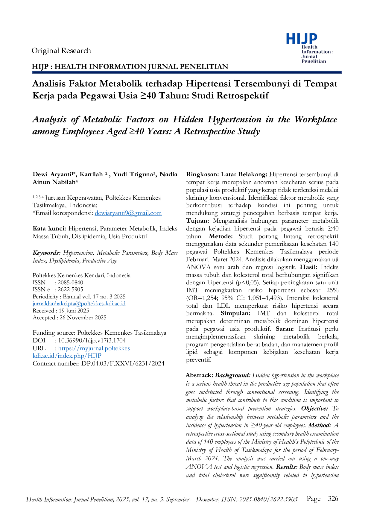 JURIS Analysis of Metabolic Factors on Hidden Hypertension in the Workplace among Employees Aged 40 Years A Retrospective Study