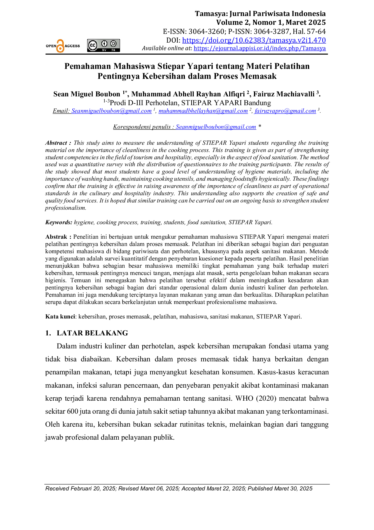 JURIS Pemahaman Mahasiswa Stiepar Yapari tentang Materi Pelatihan Pentingnya Kebersihan dalam Proses Memasak