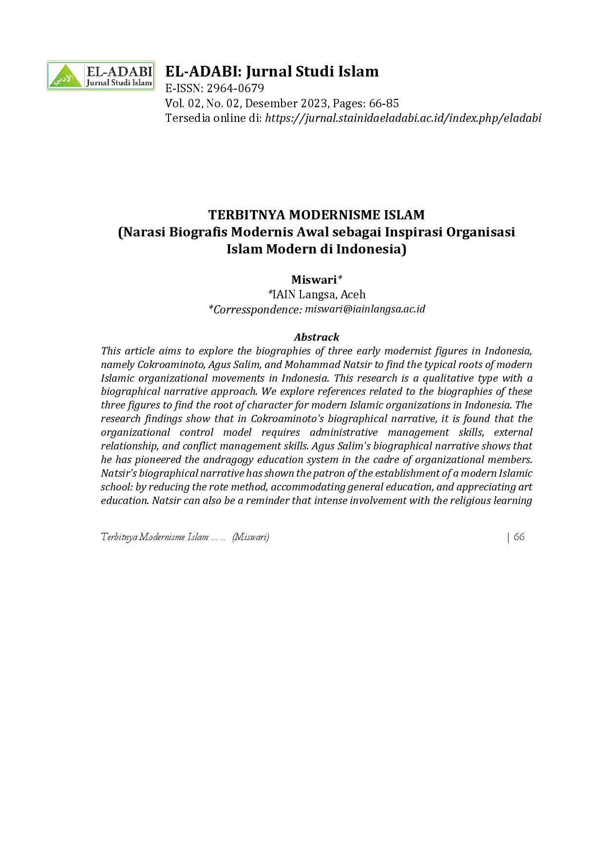 juris TERBITNYA MODERNISME ISLAM Narasi Biografis Modernis Awal sebagai Inspirasi Organisasi Islam Modern di Indonesia