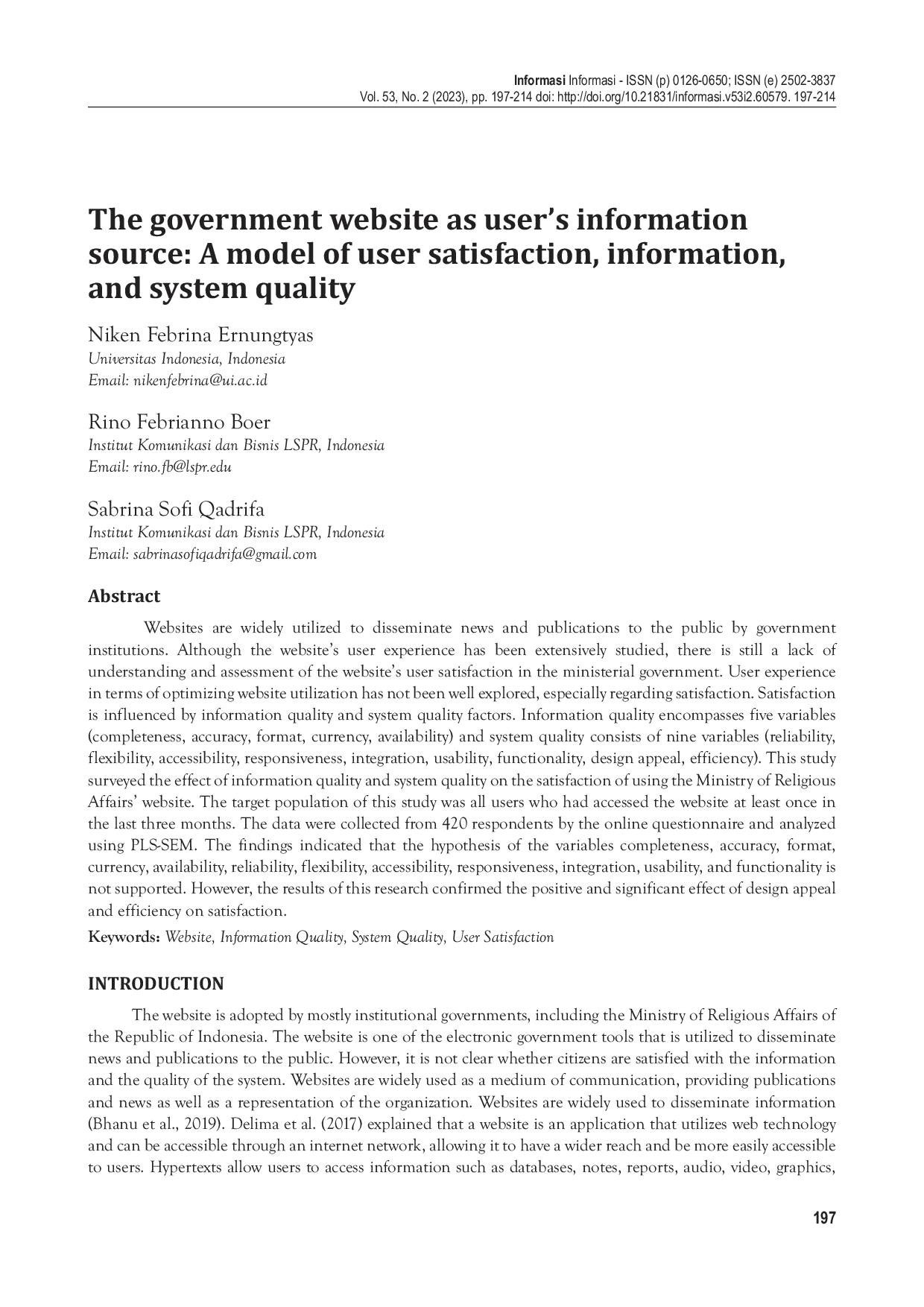 JURIS The government website as user s information source A model of user satisfaction information and system quality
