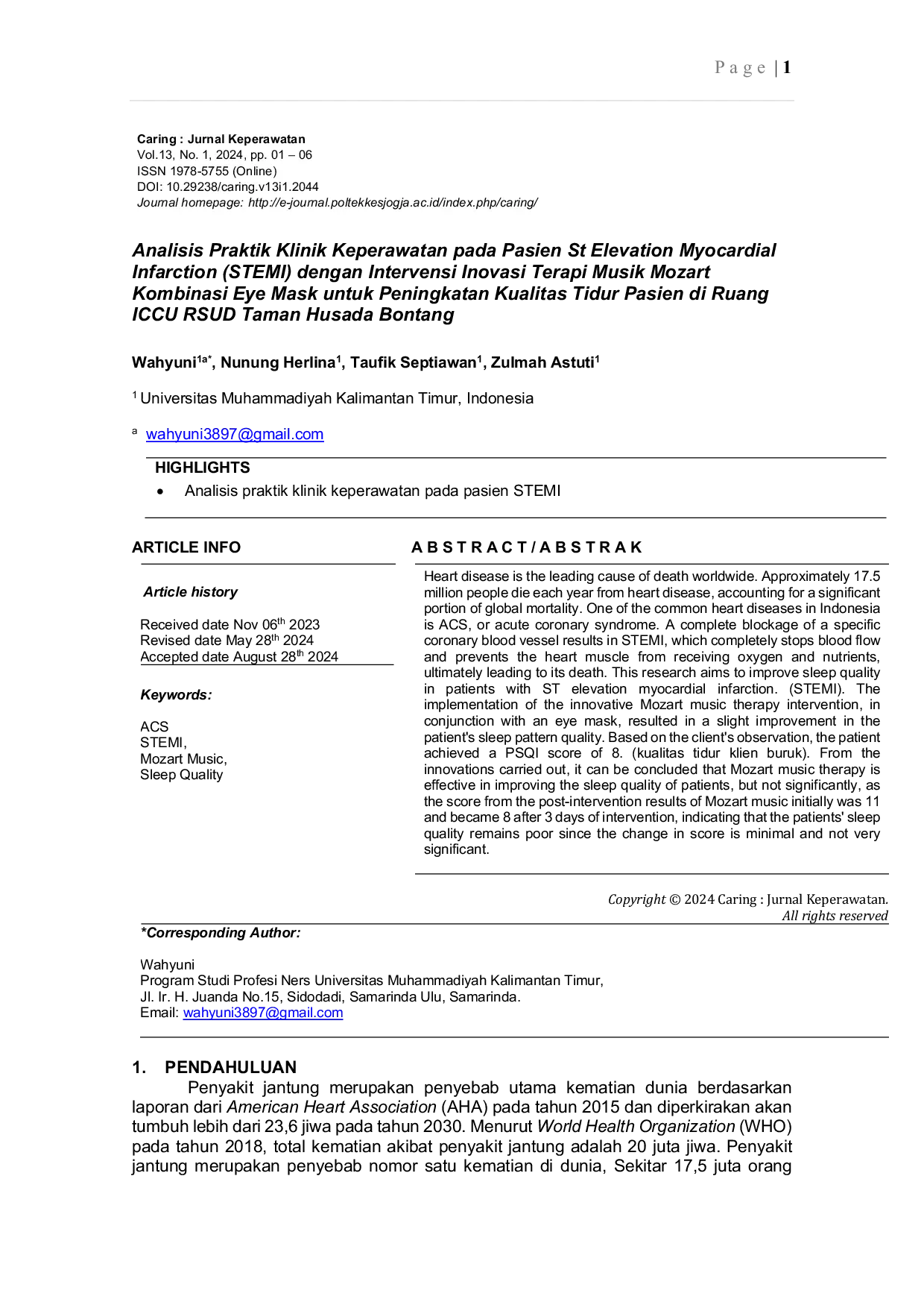 JURIS Analisis Praktik Klinik Keperawatan pada Pasien St Elevation Myocardial Infarction STEMI dengan Intervensi Inovasi Terapi Musik Mozart Kombinasi Eye Mask untuk Peningkatan Kualitas Tidur Pasien di R