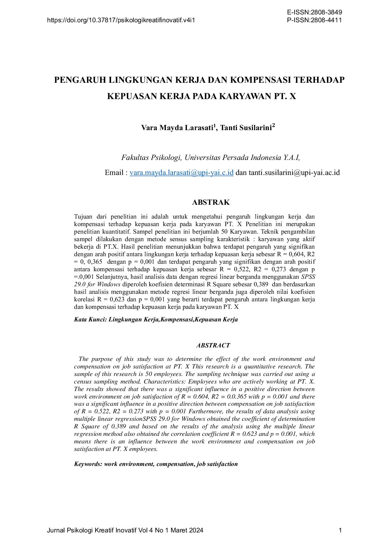 JURIS Pengaruh Lingkungan Kerja Dan Kompensasi Terhadap Kepuasan Kerja Pada Karyawan PT X