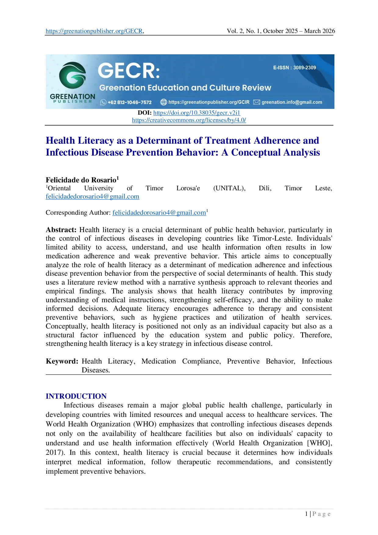 JURIS Health Literacy as a Determinant of Treatment Adherence and Infectious Disease Prevention Behavior A Conceptual Analysis