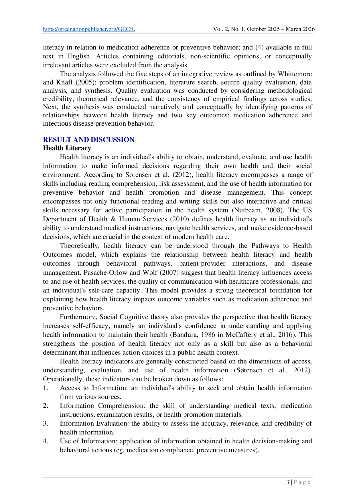 JURIS Health Literacy as a Determinant of Treatment Adherence and Infectious Disease Prevention Behavior A Conceptual Analysis