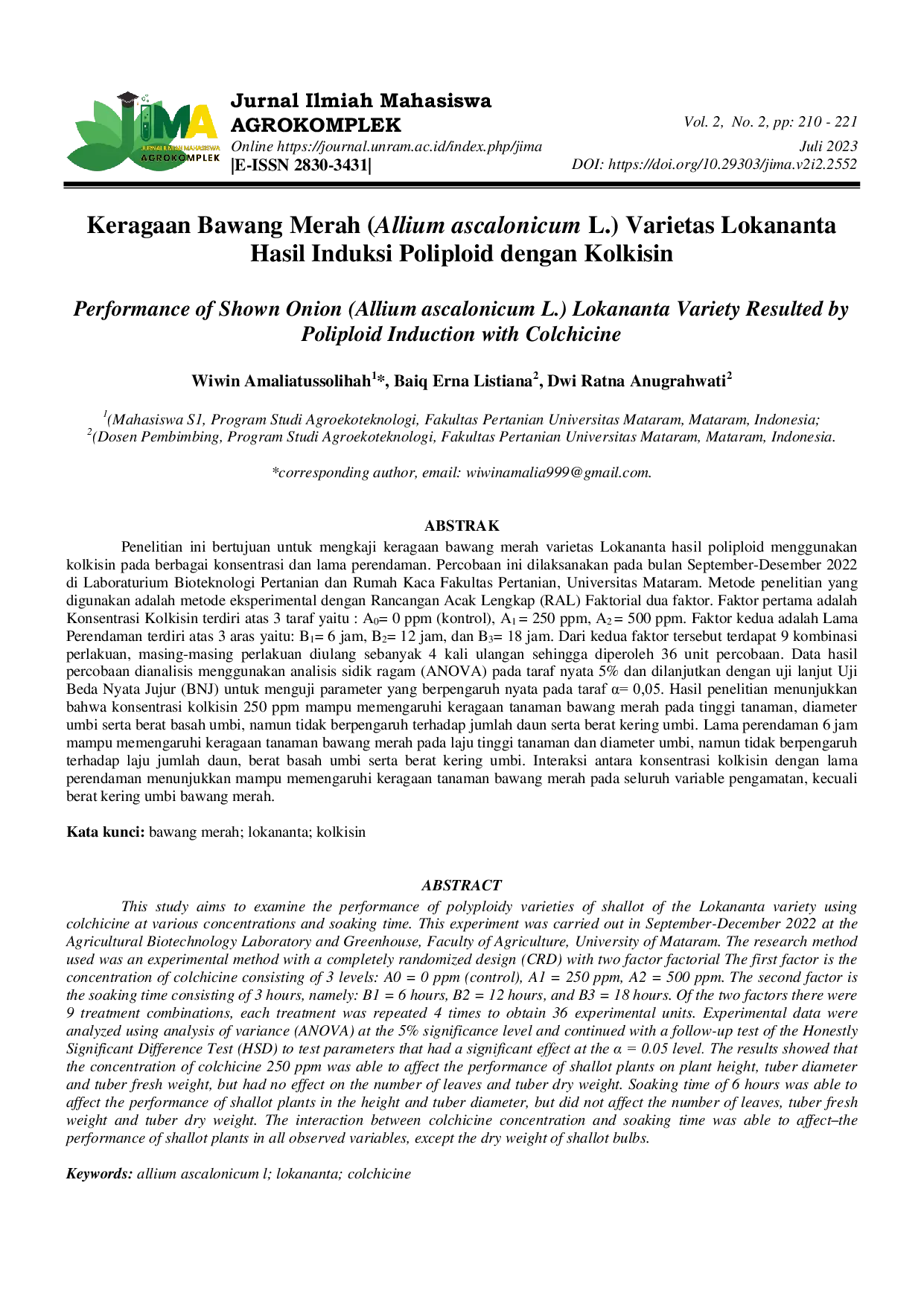 JURIS Keragaan Bawang Merah Allium ascalonicum L Varietas Lokananta Hasil Induksi Poliploid dengan Kolkisin