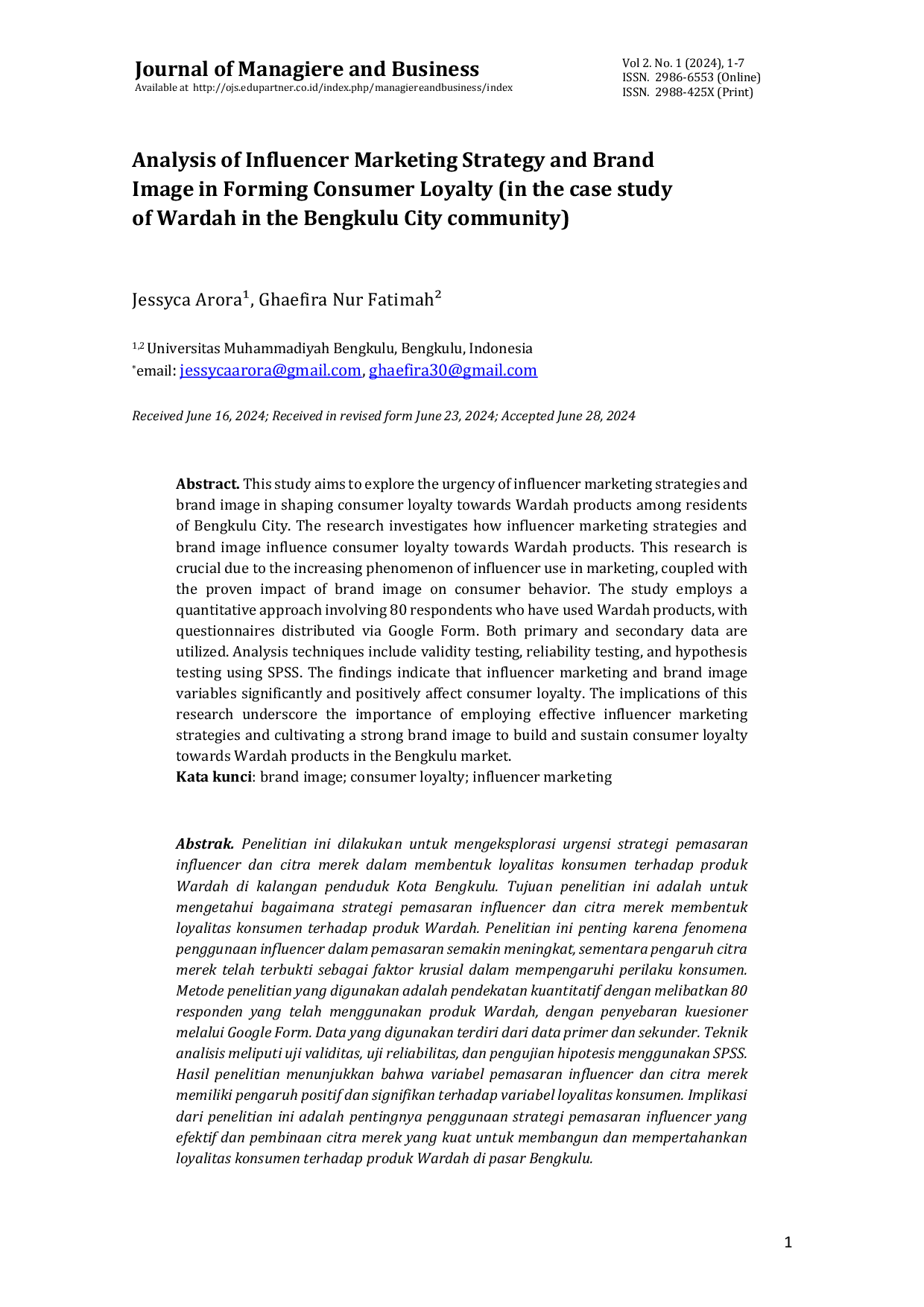 JURIS Analysis of Influencer Marketing Strategy and Brand Image in Forming Consumer Loyalty In the Case Study of Wardah in the Bengkulu City Community