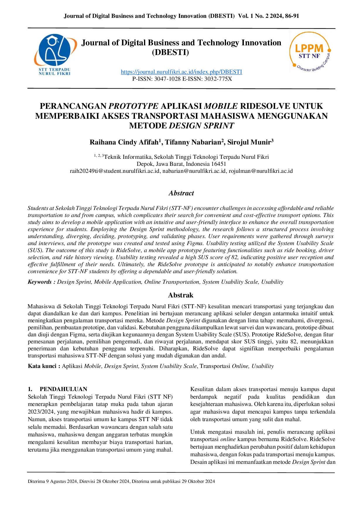 JURIS Designing a Mobile Application Prototype Ridesolve to Improve Student Transportation Access Using the Design Sprint Method