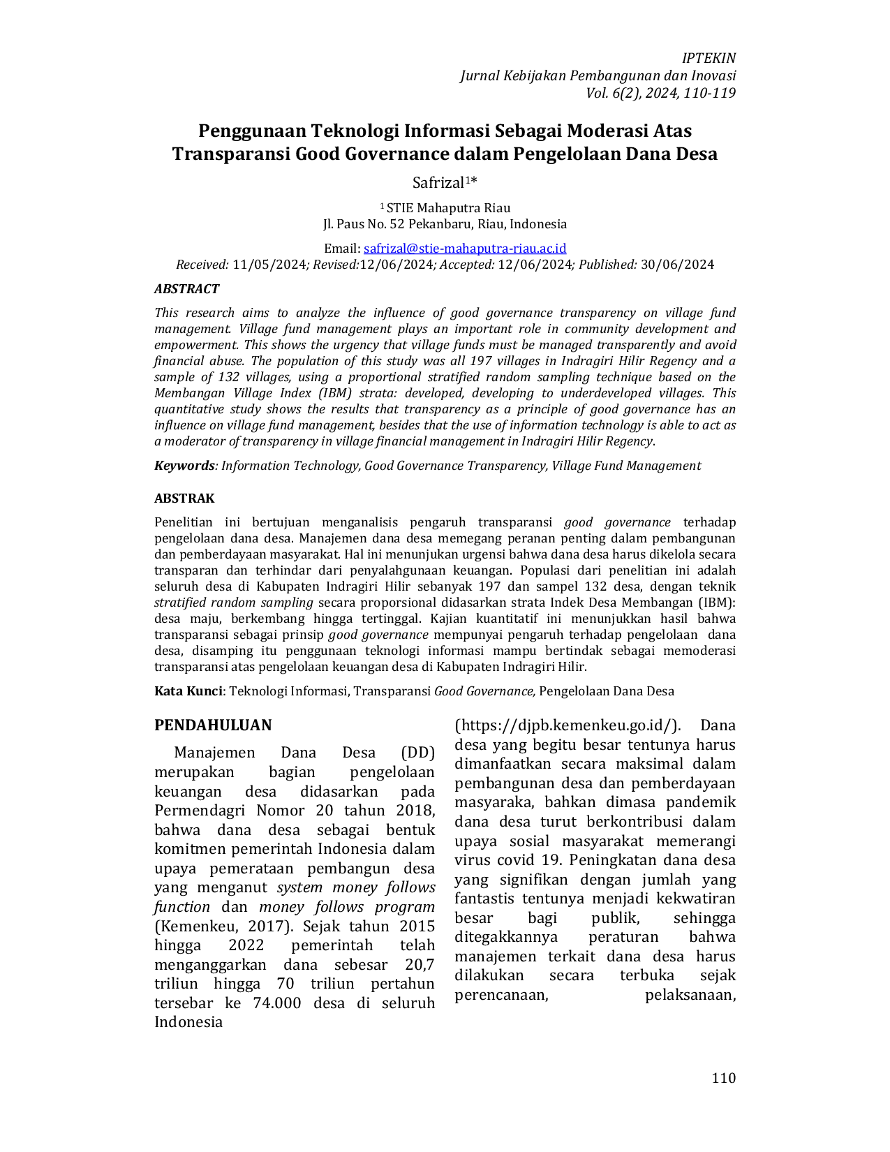 JURIS Penggunaan Teknologi Informasi Sebagai Moderasi Atas Transparansi Good Governance Dalam Pengelolaan Dana Desa
