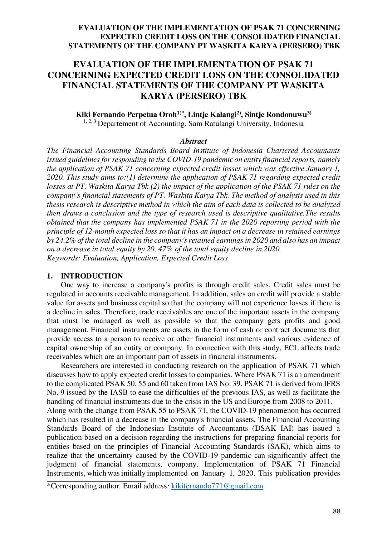 JURIS Evaluation of The Implementation of Psak 71 Concerning Expected Credit Loss on The Consolidated Financial Statements of The Company PT Waskita Karya Persero Tbk