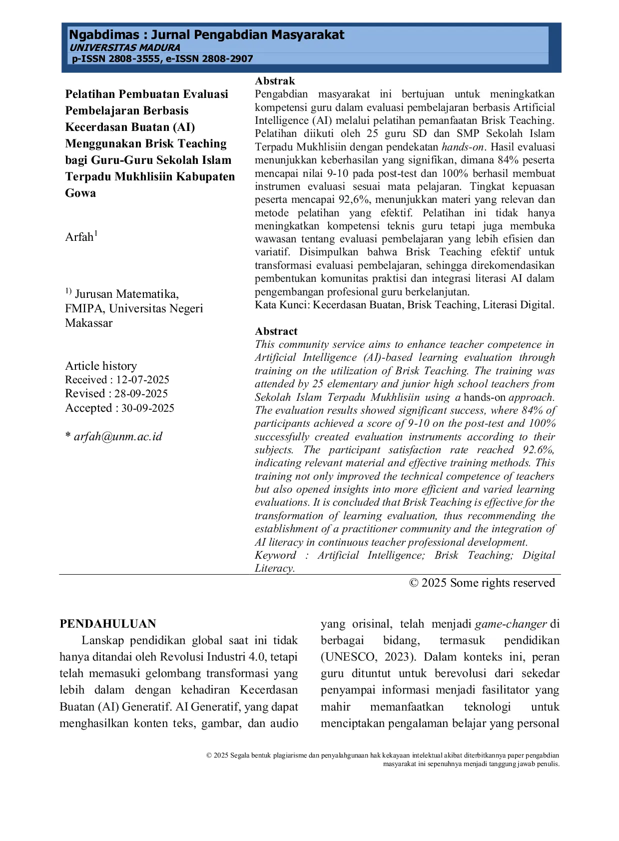 JURIS Pelatihan Pembuatan Evaluasi Pembelajaran Berbasis Kecerdasan Buatan AI Menggunakan Brisk Teaching bagi Guru Guru Sekolah Islam Terpadu Mukhlisiin Kabupaten Gowa