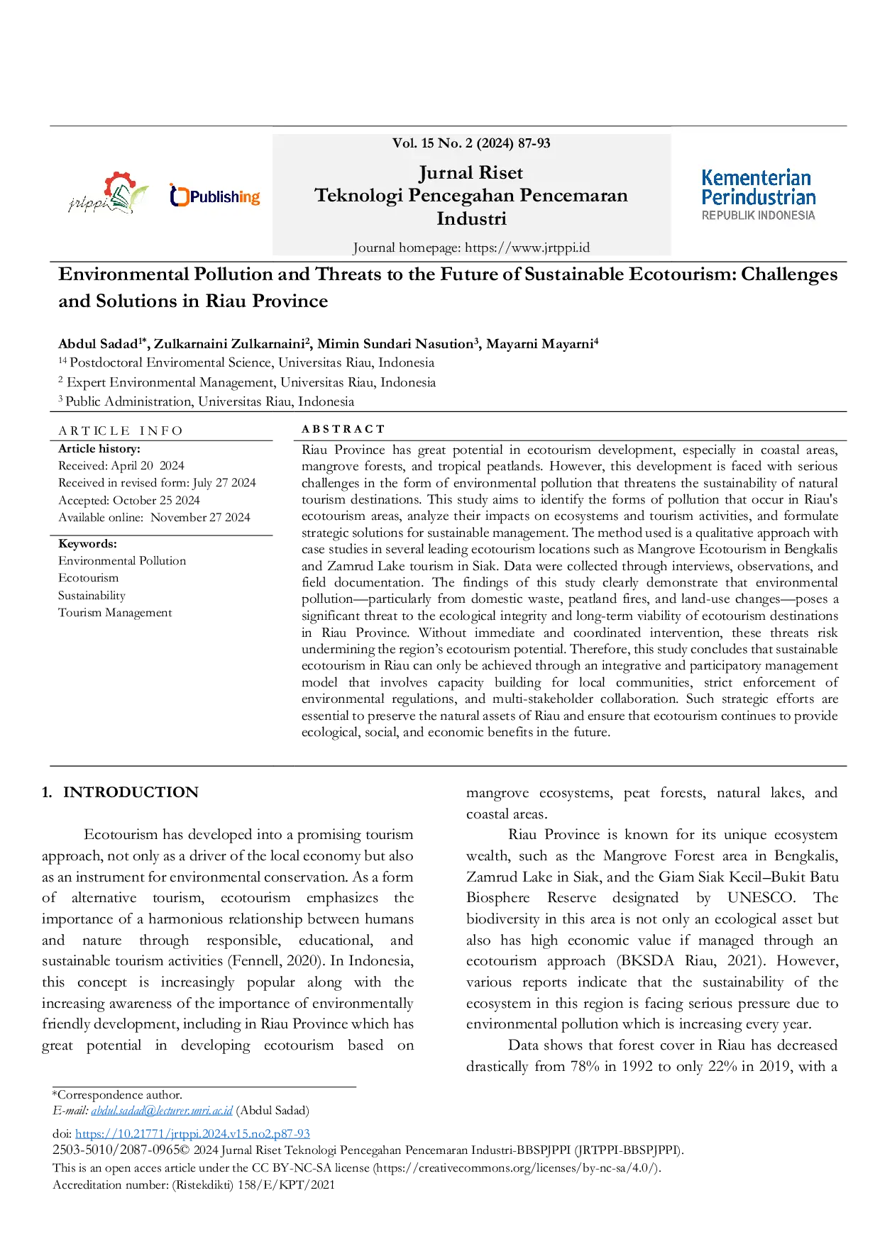 JURIS Environmental Pollution and Threats to the Future of Sustainable Ecotourism Challenges and Solutions in Riau Province