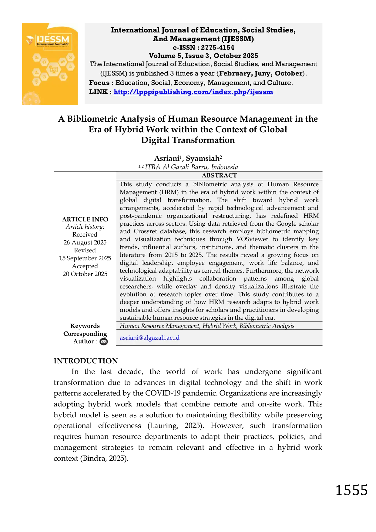JURIS A Bibliometric Analysis of Human Resource Management in the Era of Hybrid Work within the Context of Global Digital Transformation