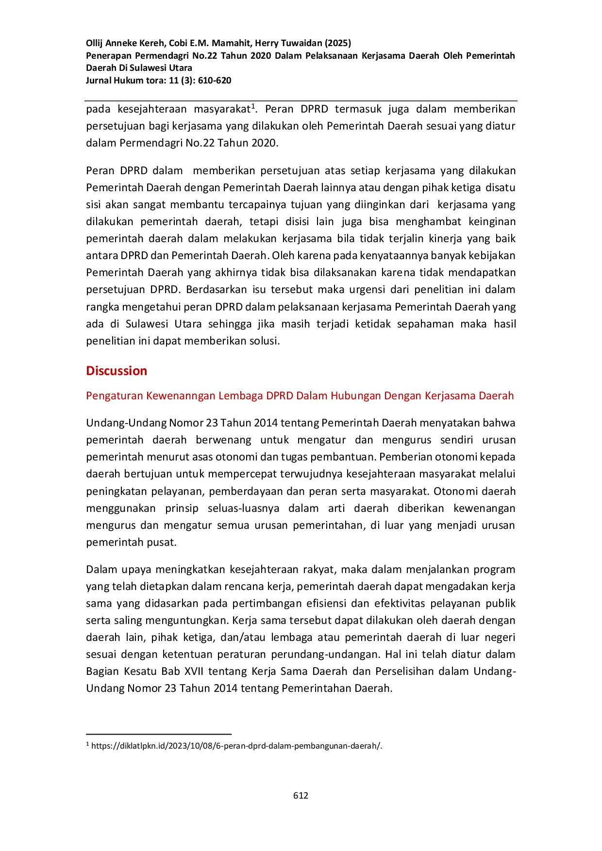 JURIS Penerapan Permendagri No 22 Tahun 2020 Dalam Pelaksanaan Kerjasama Daerah Oleh Pemerintah Daerah Di Sulawesi Utara