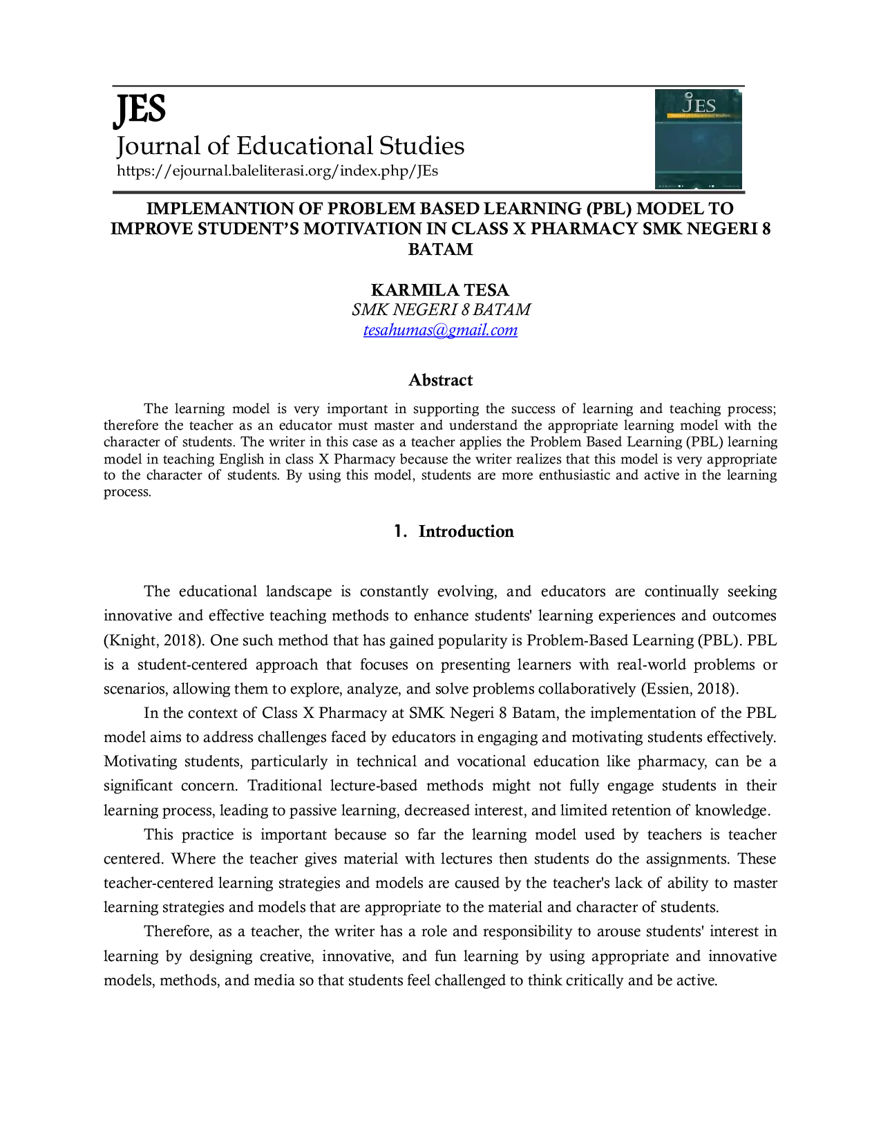 JURIS IMPLEMENTATION OF PROBLEM BASED LEARNING PBL MODEL TO IMPROVE STUDENT S MOTIVATION IN CLASS X PHARMACY SMK NEGERI 8 BATAM
