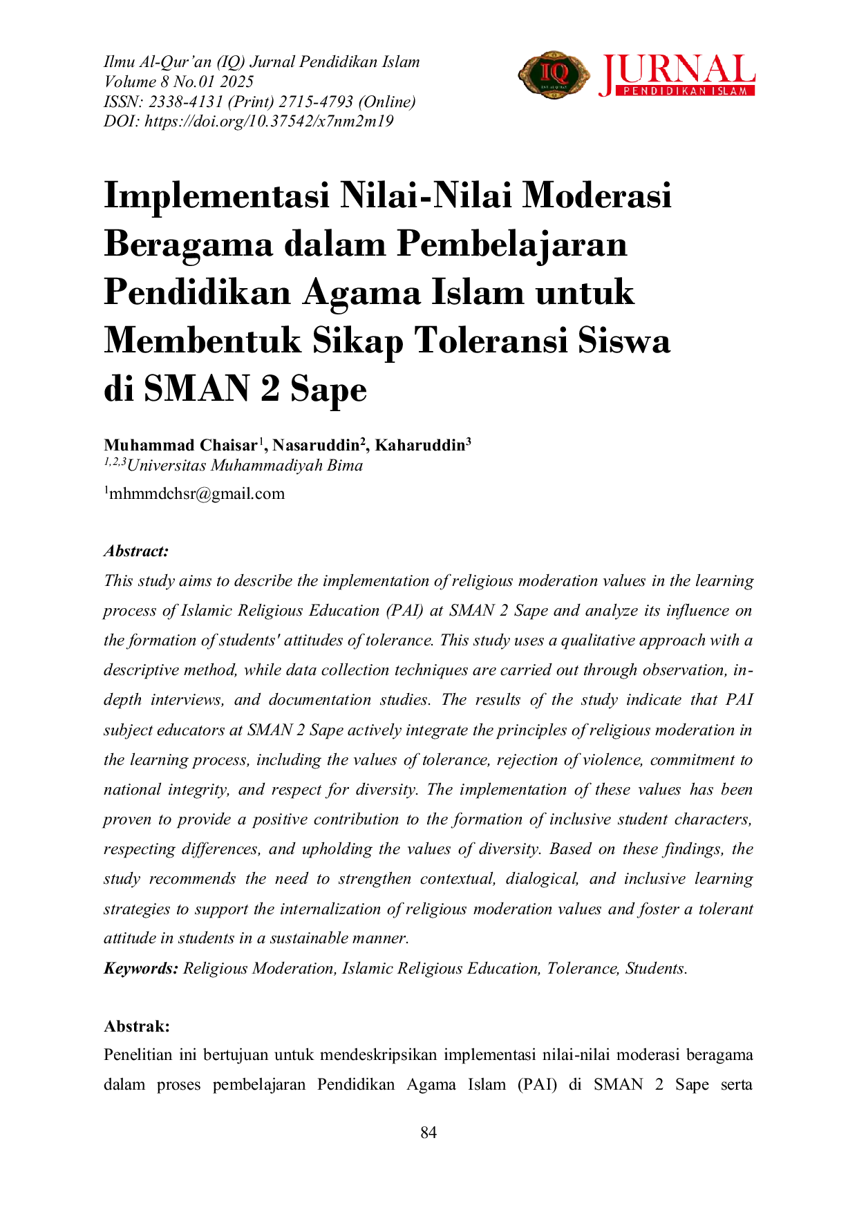 JURIS Implementasi Nilai Nilai Moderasi Beragama dalam Pembelajaran Pendidikan Agama Islam untuk Membentuk Sikap Toleransi Siswa di SMAN 2 Sape
