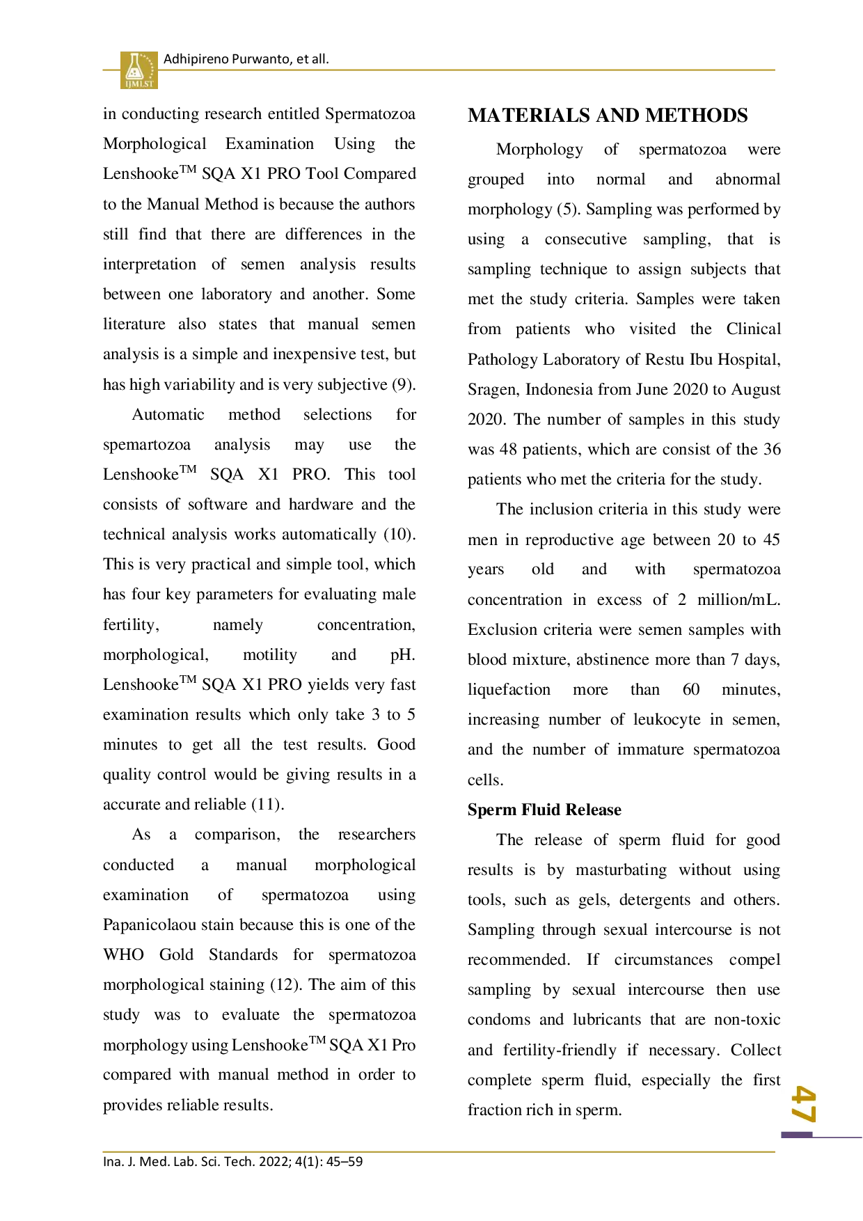 juris Spermatozoa Morphology Examination Using Lenshooke SQA X1 Pro Compared with Manual Method