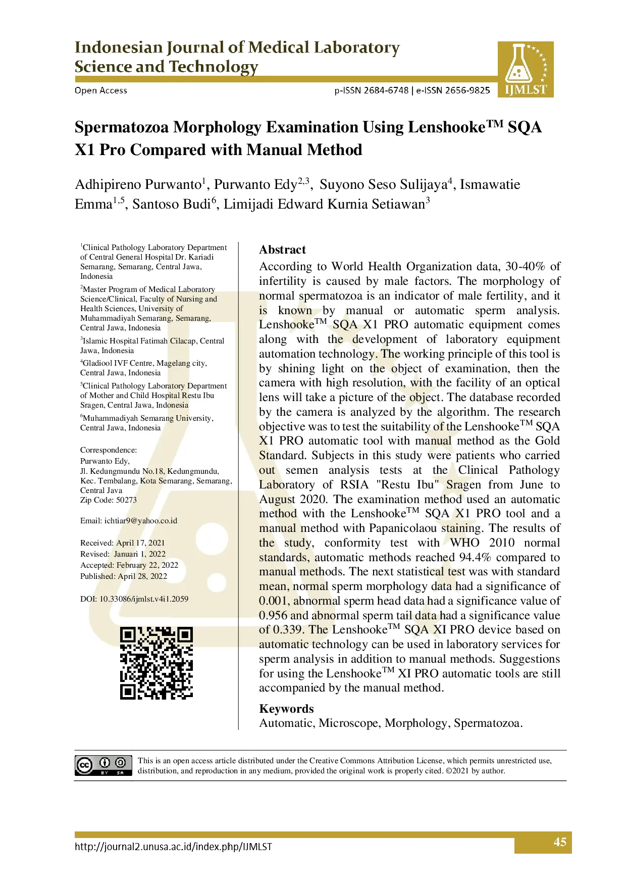 juris Spermatozoa Morphology Examination Using Lenshooke SQA X1 Pro Compared with Manual Method